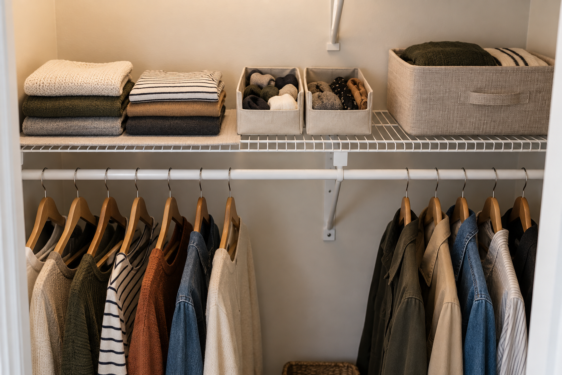 A small closet uses a removable liner under folded clothes, open bins for socks and accessories, and a broad fabric bin directly on exposed wire shelving.