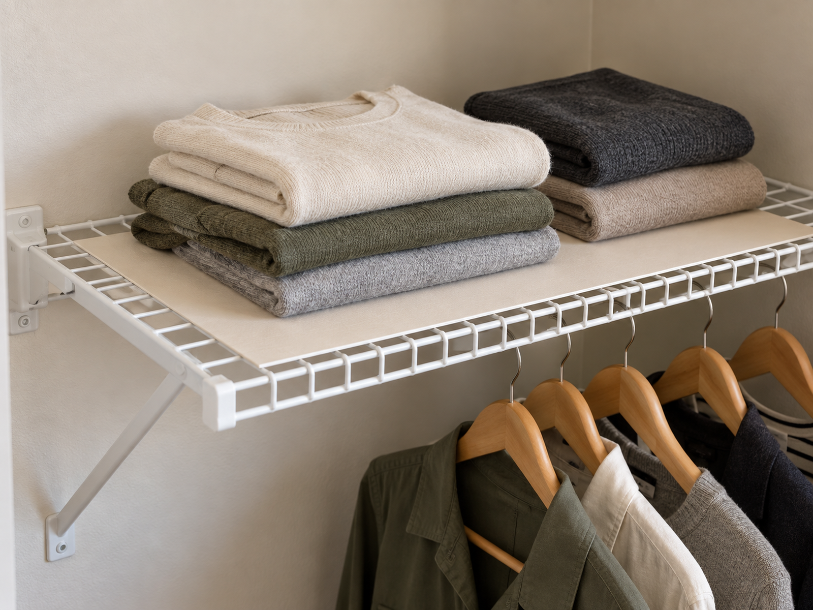 A removable rigid liner fits inside the exposed edges of a wire closet shelf so two short folded-clothing stacks sit flat without altering the shelf.