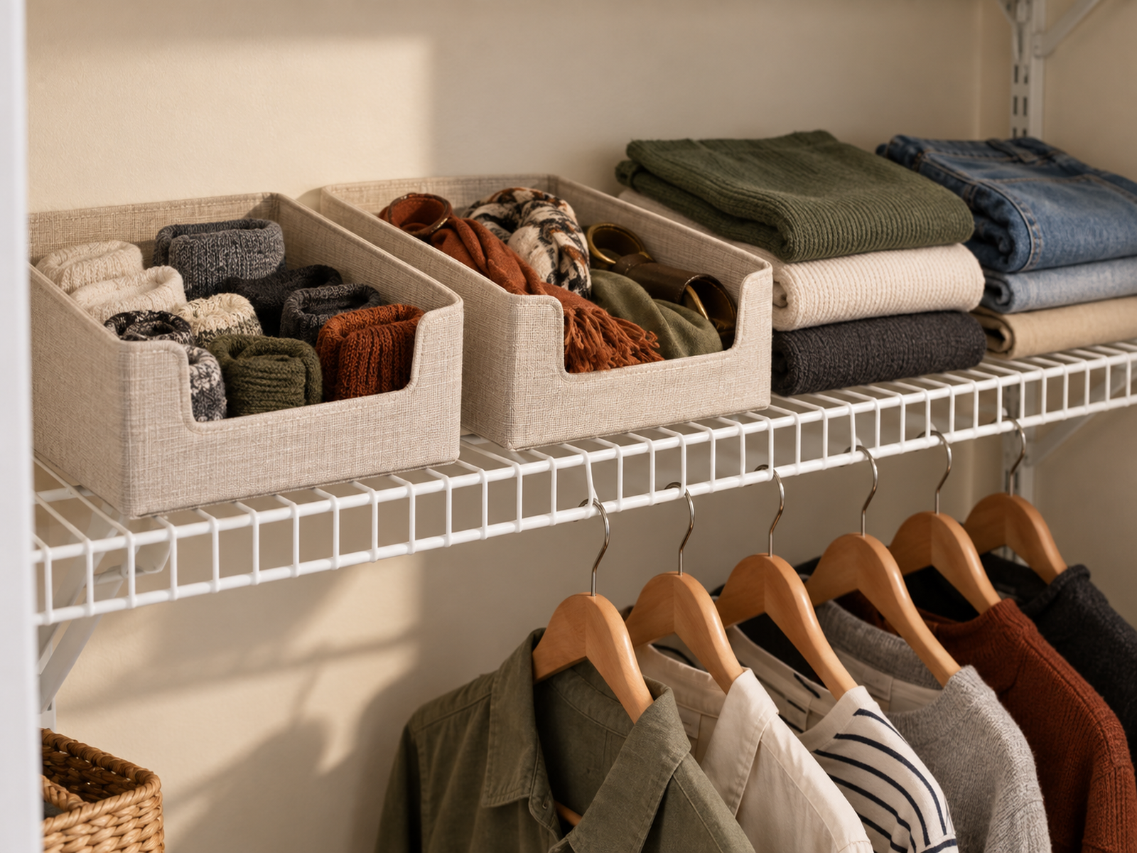 Two shallow open-front bins contain rolled socks and small accessories beside short folded-clothing stacks on exposed wire closet shelving.
