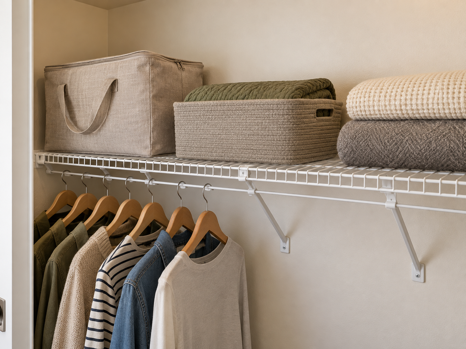 A bare wire closet shelf holds a broad storage bag, a stable fabric basket, and folded blankets securely without a liner.