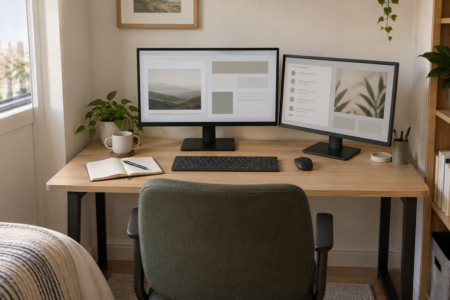 Two monitors sit on a shallow desk with the primary screen centered in front of the chair and keyboard, a secondary screen angled beside it, and writing space left open.