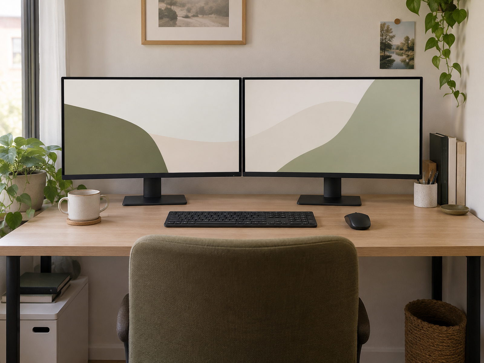 Two matching landscape monitors share a compact desk with the chair and keyboard centered on the combined viewing area.