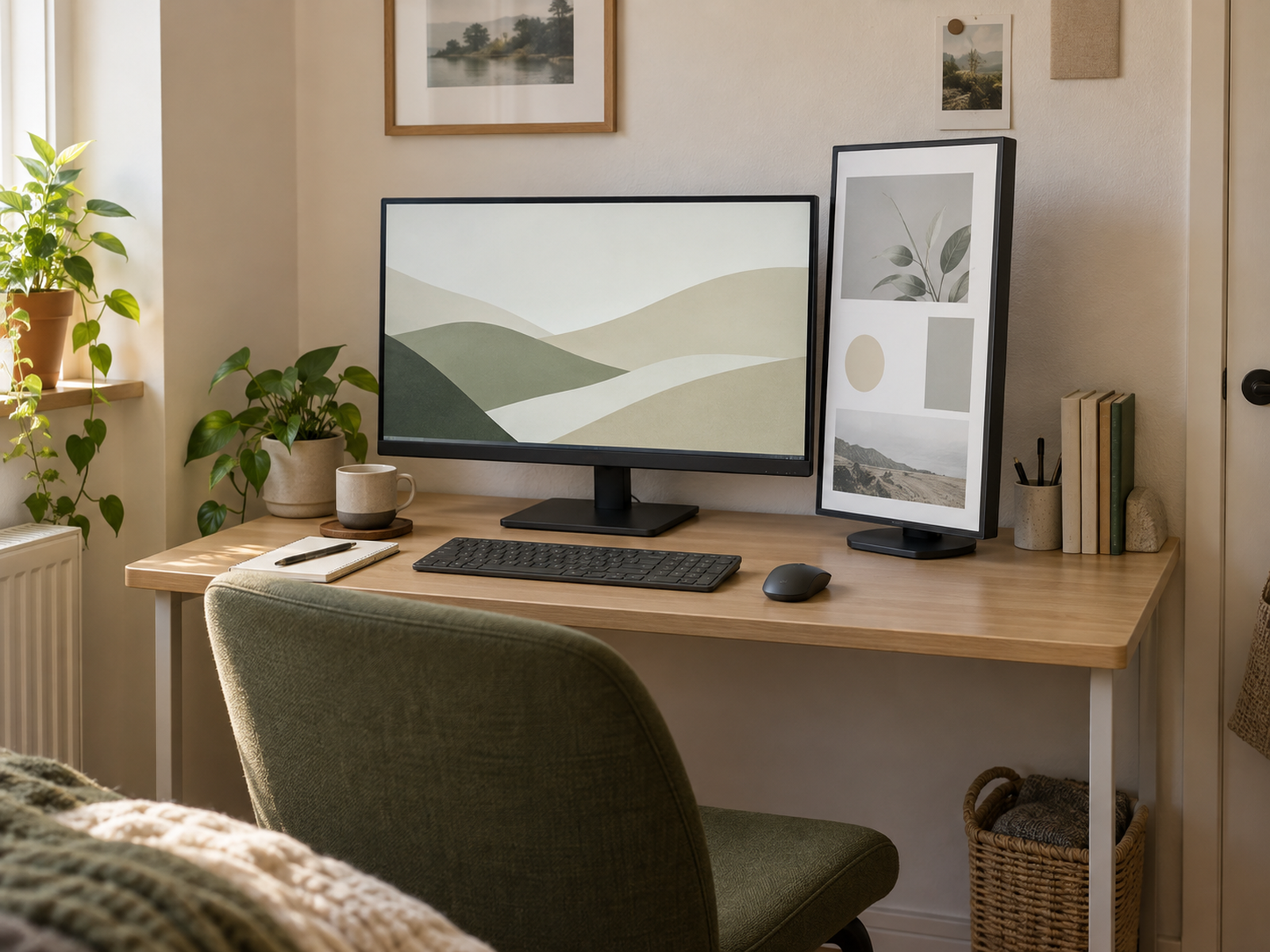 A landscape primary monitor is centered on a small desk with a portrait secondary monitor beside it and writing space remaining.