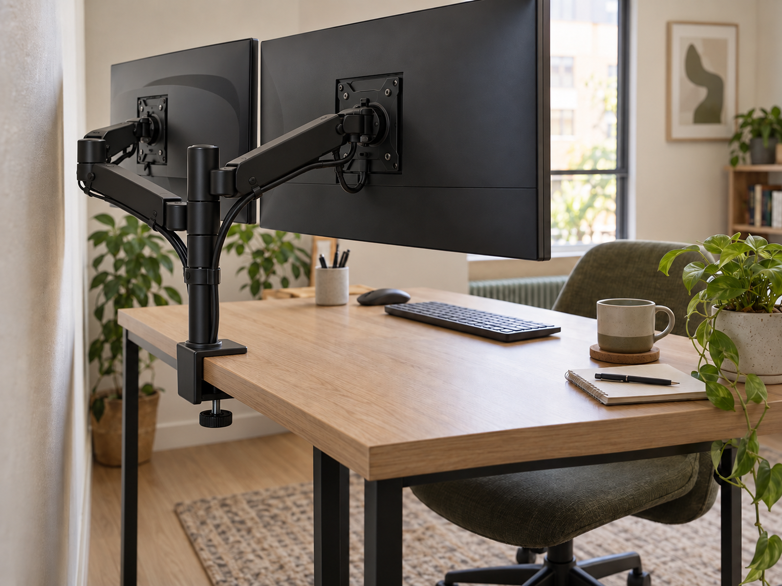 Two monitors are supported by a single rear-edge desk clamp with visible underside clearance, cable slack, wall gap, and open work surface below.