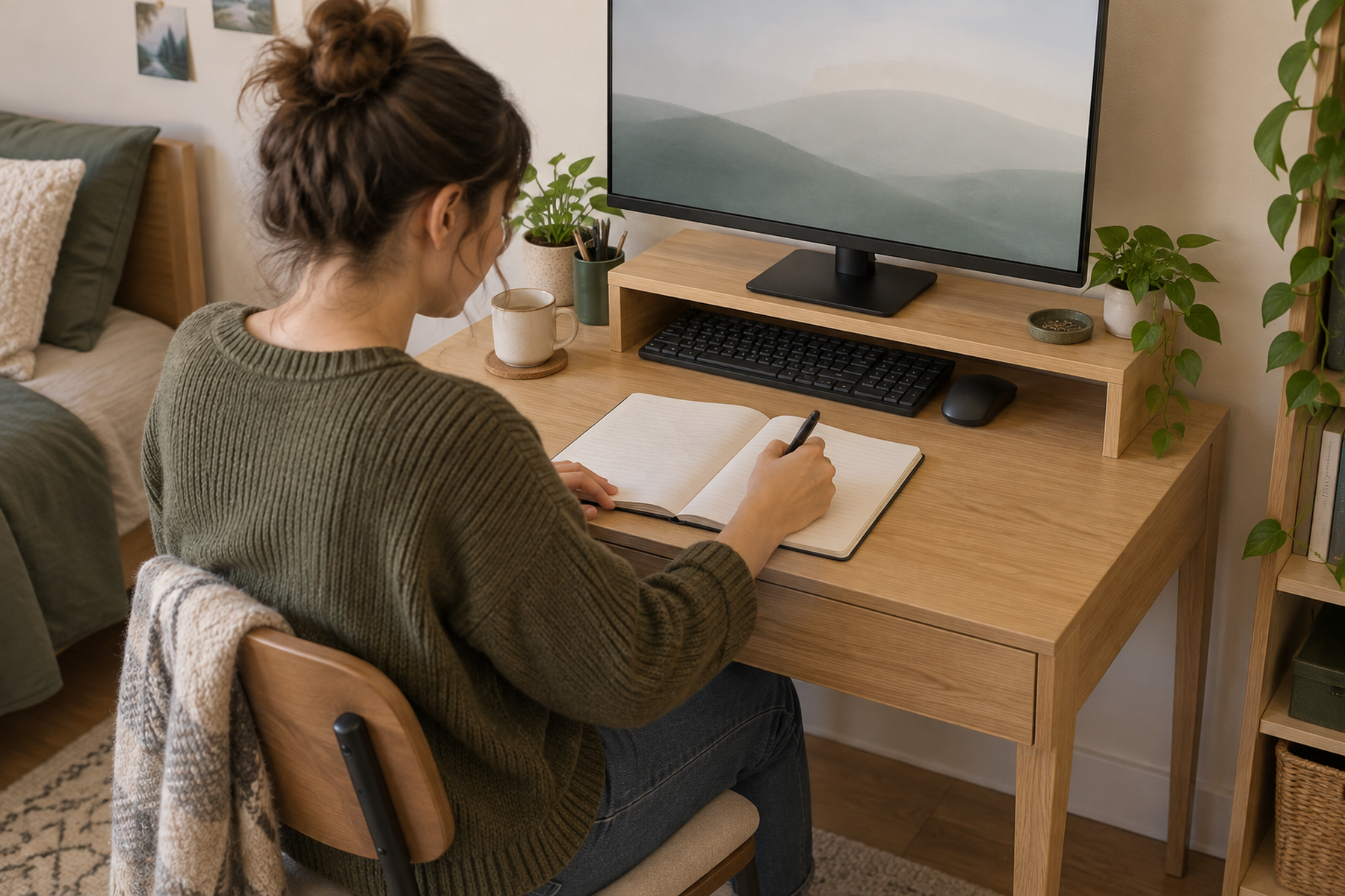 A small desk in writing mode has an open notebook in the front work area while the keyboard and mouse are parked together beneath a freestanding monitor stand.