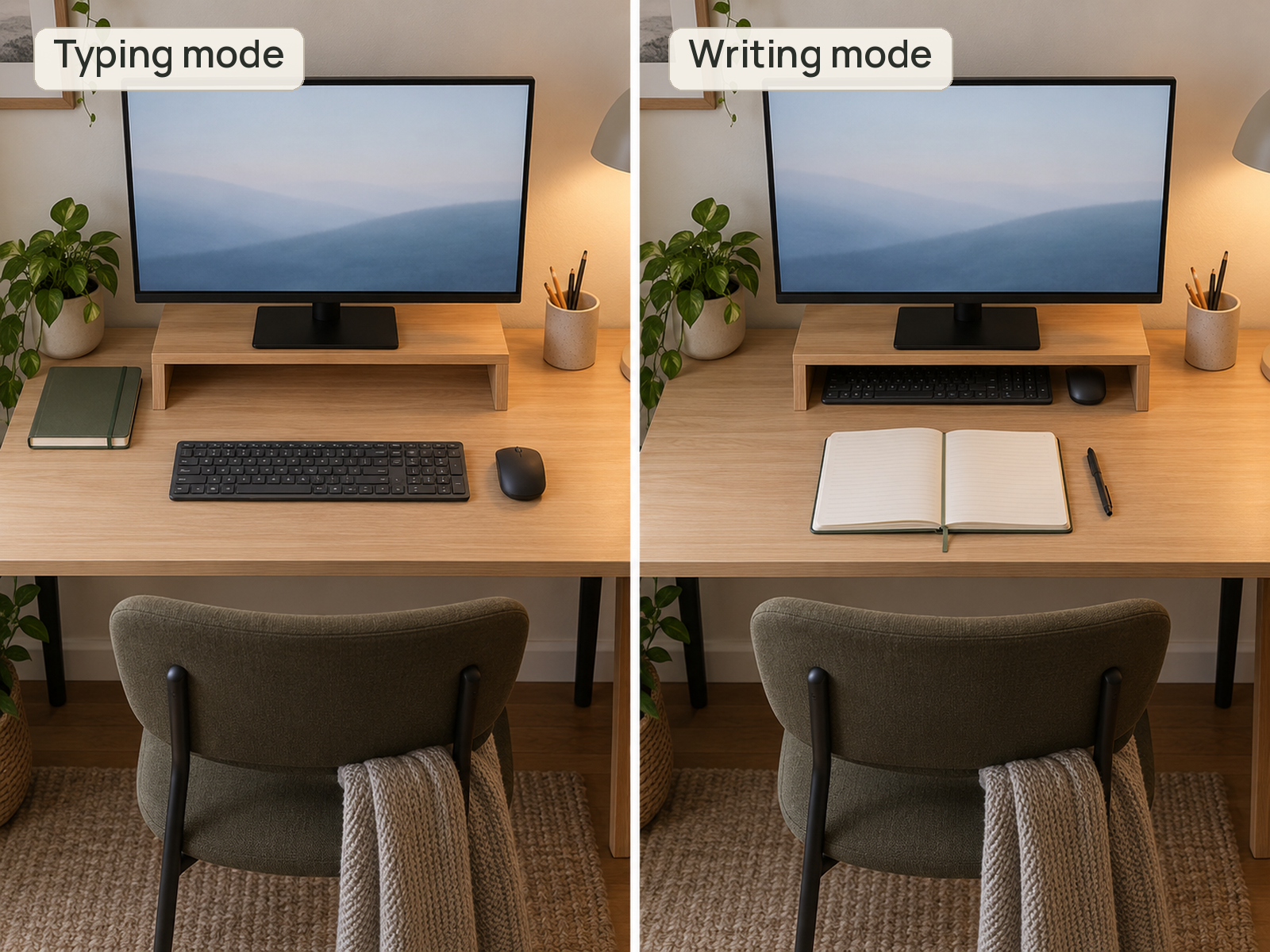 The same compact desk is shown in typing mode with the keyboard and mouse active and writing mode with them parked beneath the monitor while an open notebook uses the front work area.