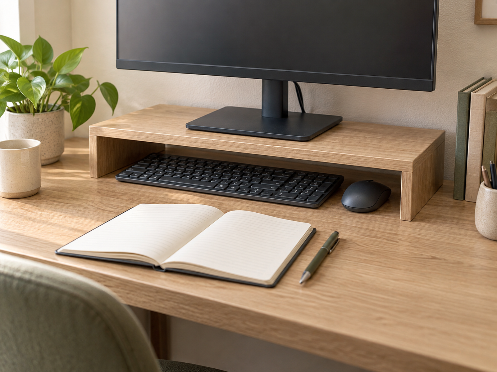 A keyboard slides beneath a freestanding monitor stand on a shallow desk, with the monitor supported above, the mouse parked nearby, and writing space open in front.