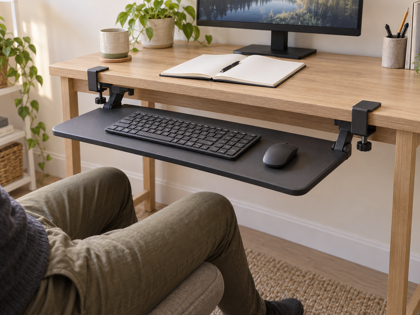 A clamp-on keyboard tray holds a keyboard and mouse together below a compact desk while two visible clamps secure it and an open notebook uses the reclaimed surface above.