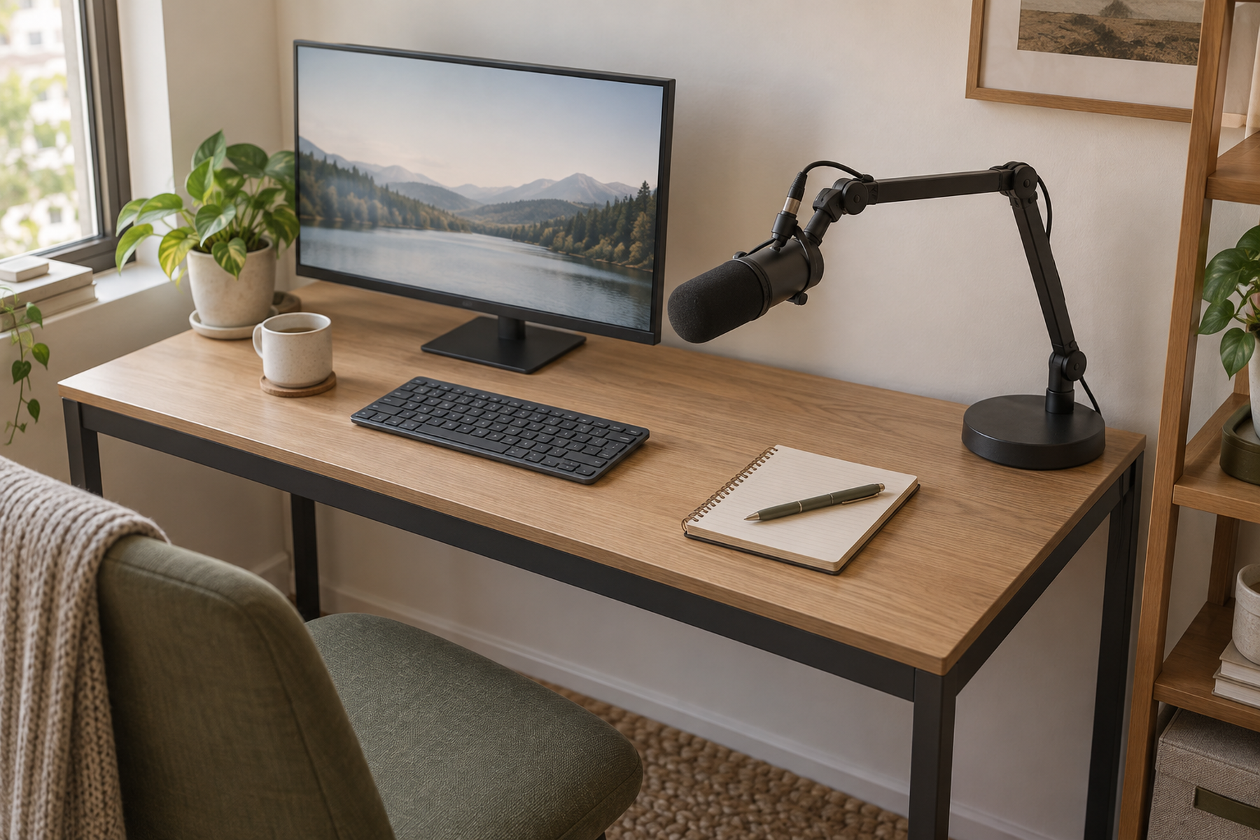 A weighted-base microphone arm at the rear corner of a compact desk with a metal underside apron, leaving the keyboard and a writing area clear.