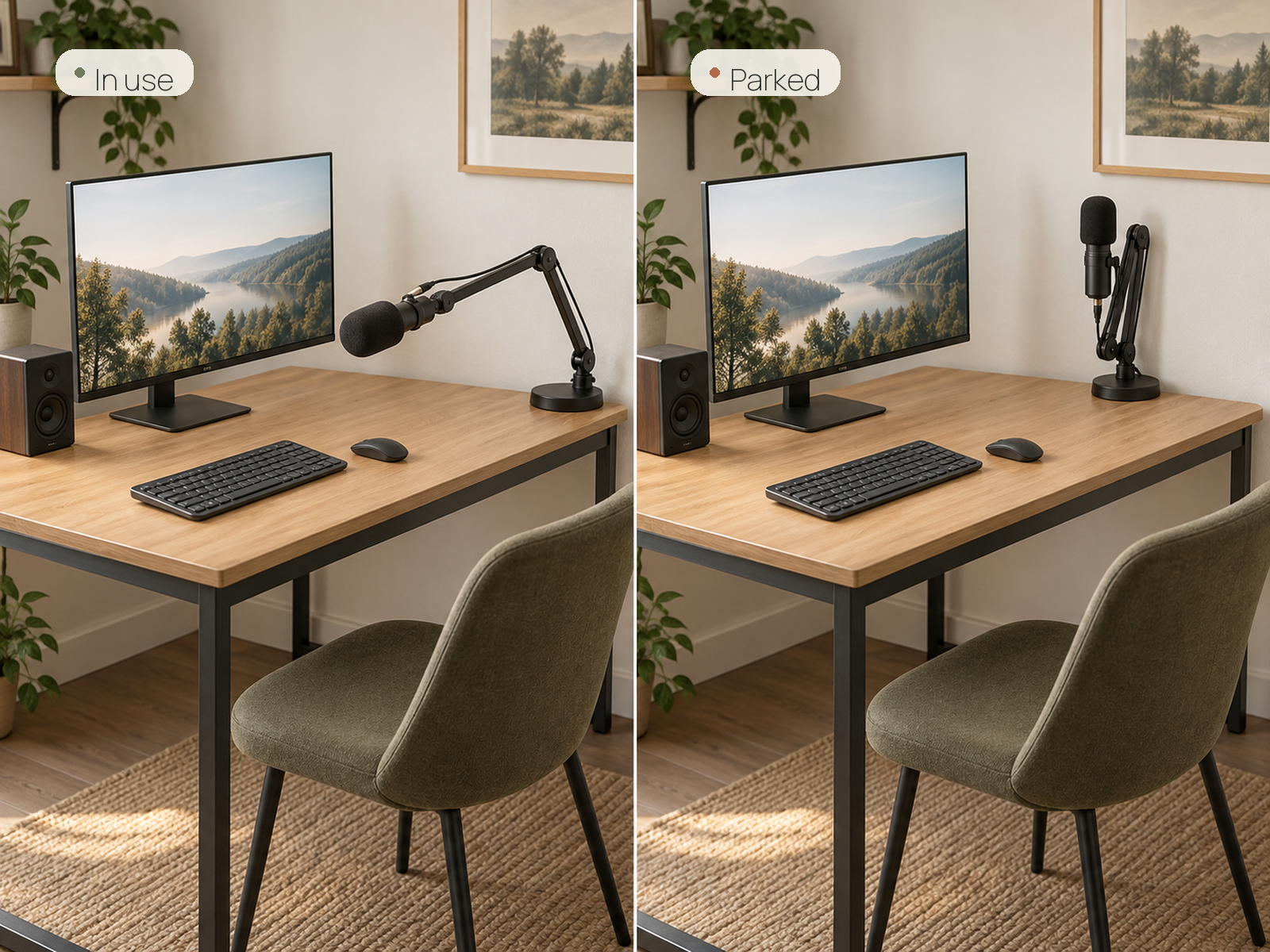 The same weighted-base microphone arm on a small desk extended beside the monitor for speaking and folded upright in a parked position.