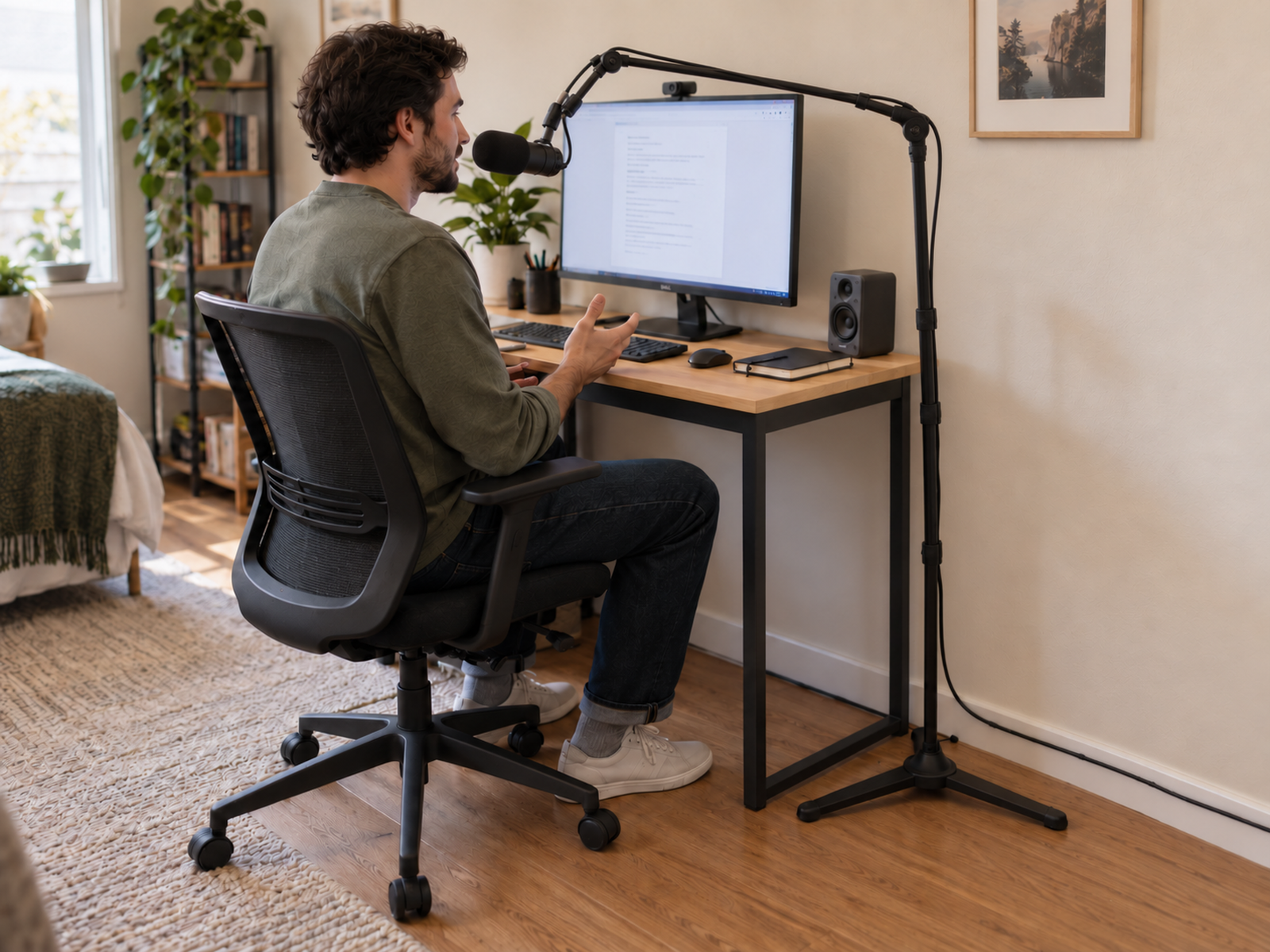 A floor microphone stand beside a compact desk reaches the seated speaker while its tripod base remains clear of the chair and open floor path.