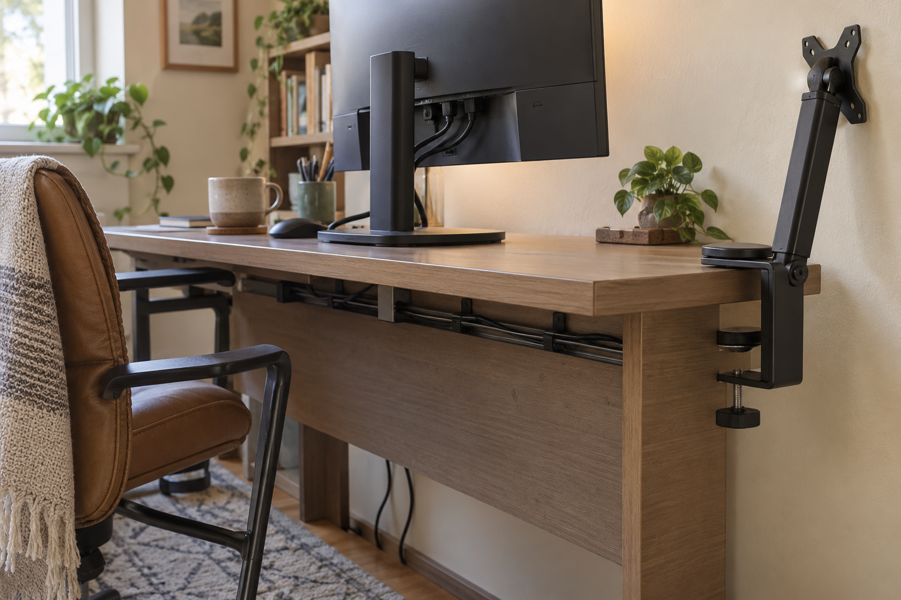 A monitor arm clamp cannot seat correctly on a small desk because a rear apron and cable rail block the underside while the monitor stays on its original stand.