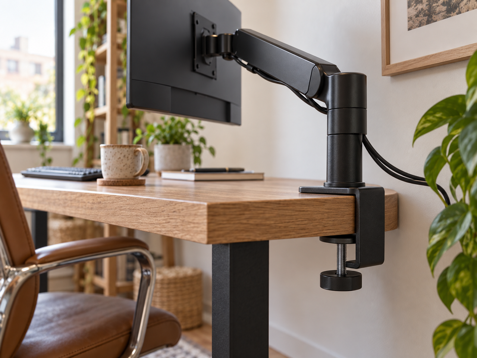 A monitor arm is clamped correctly to a compatible desk edge with full upper and lower contact, a clear underside, and space from the wall.