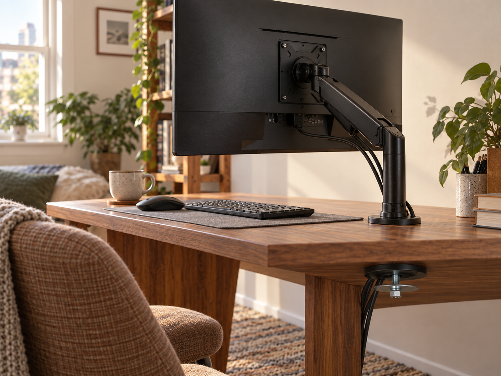 A monitor arm uses an existing compatible desk hole, with its base seated flat and a through-bolt, washer, and nut visible beneath the desktop.