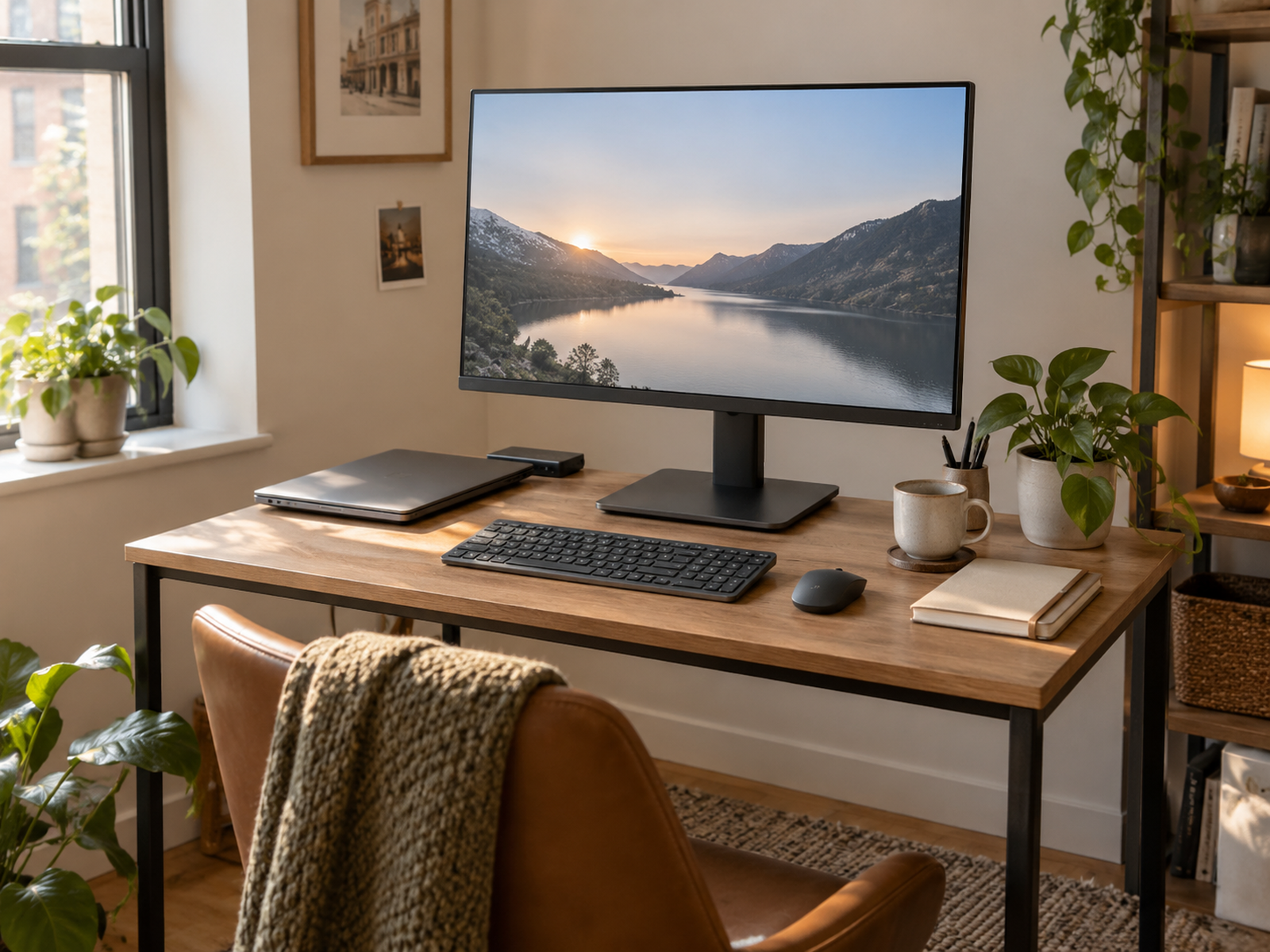 A monitor sits on a compact weighted stand on a small desk, with the keyboard zone preserved and a laptop and dock moved to one side.