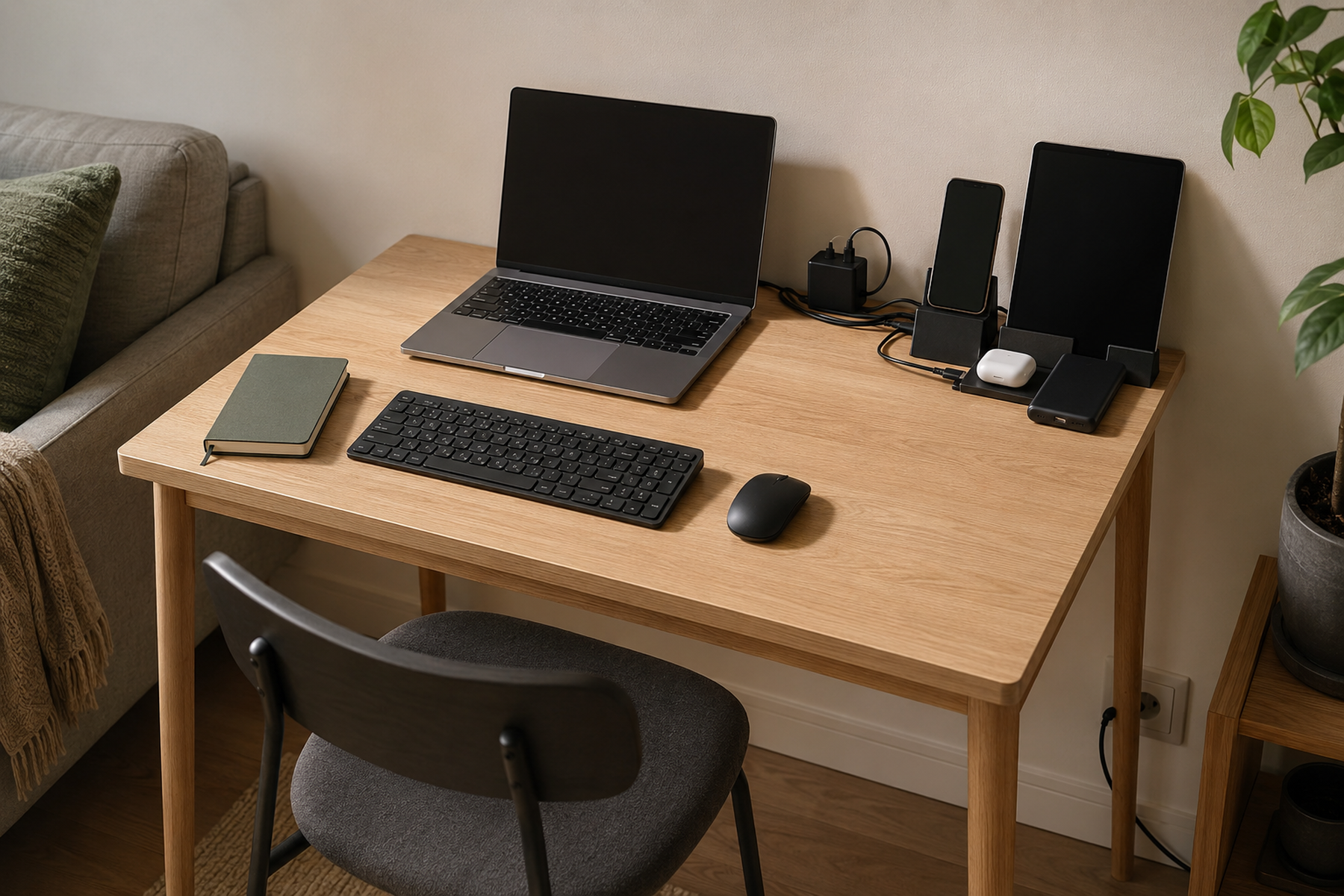 Compact light-oak desk with a clear keyboard, mouse, and notebook area beside a bounded charging zone holding a phone, tablet, earbuds case, and power bank.