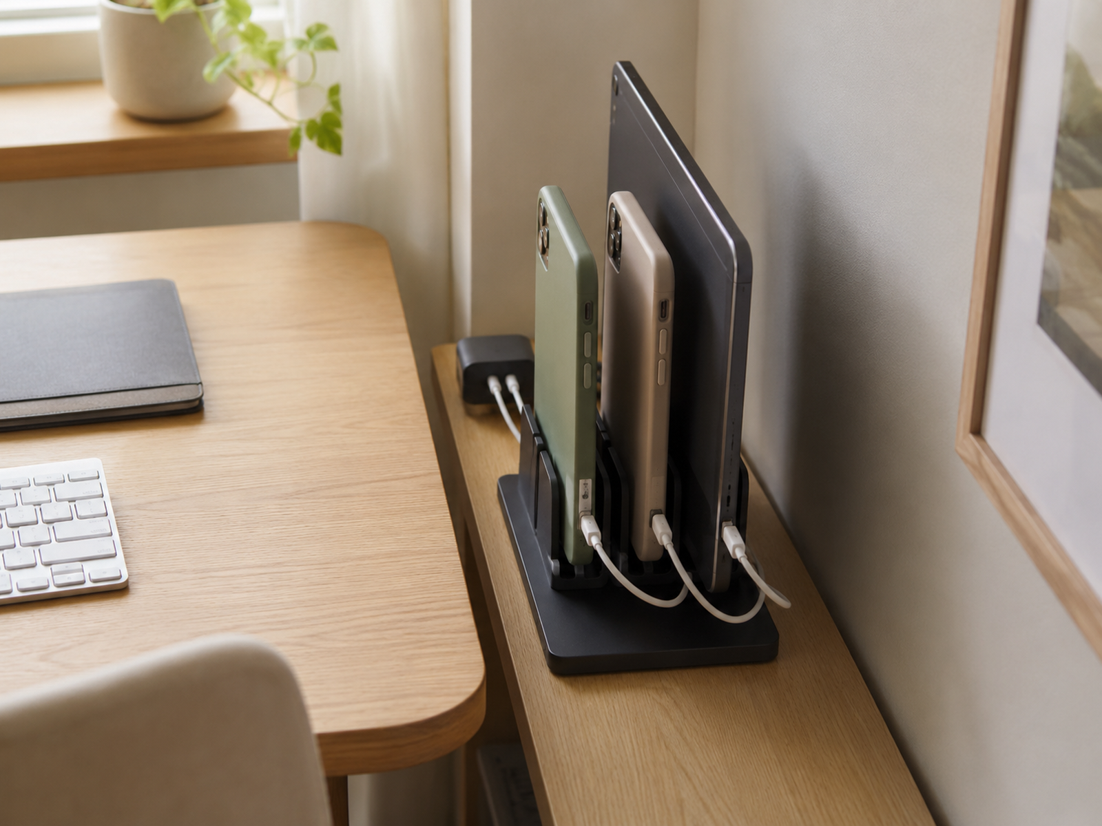Two phones and a tablet charging upright in a freestanding holder on a narrow side shelf beside a clear compact desk.