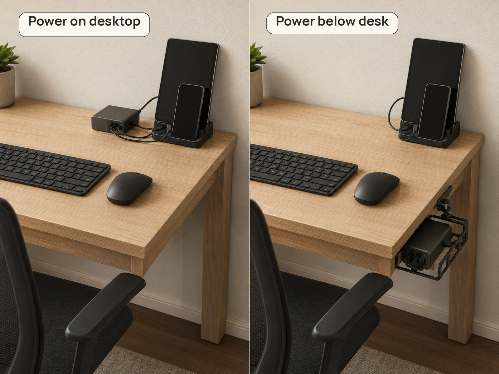 Matched comparison of the same compact desk with the power block on the desktop and then below the desk while the phone and tablet remain parked above.