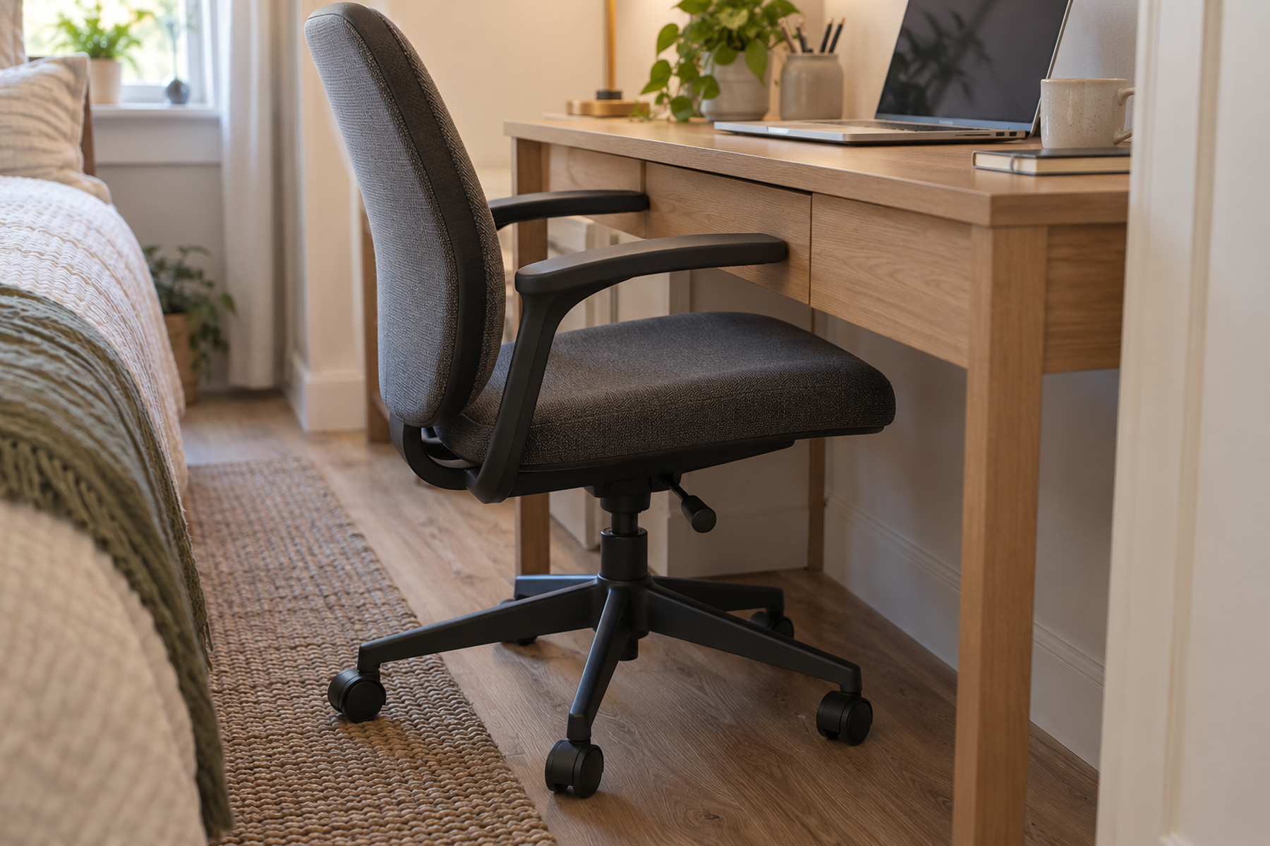 Fixed armrests meet the low center drawer beneath a compact desk, leaving the office chair base projecting into the narrow bedroom walkway.