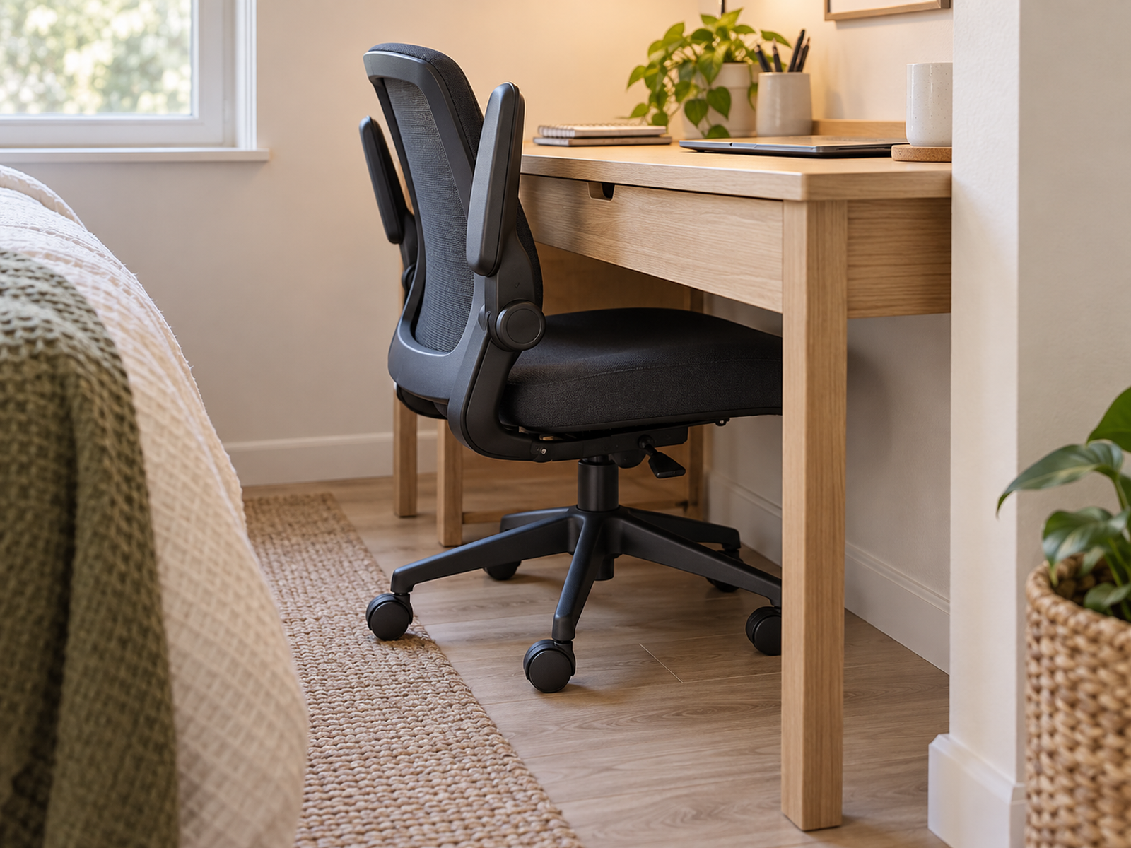 A compact office chair with both flip-up armrests raised parks farther beneath a small desk while the seat stays at working height.