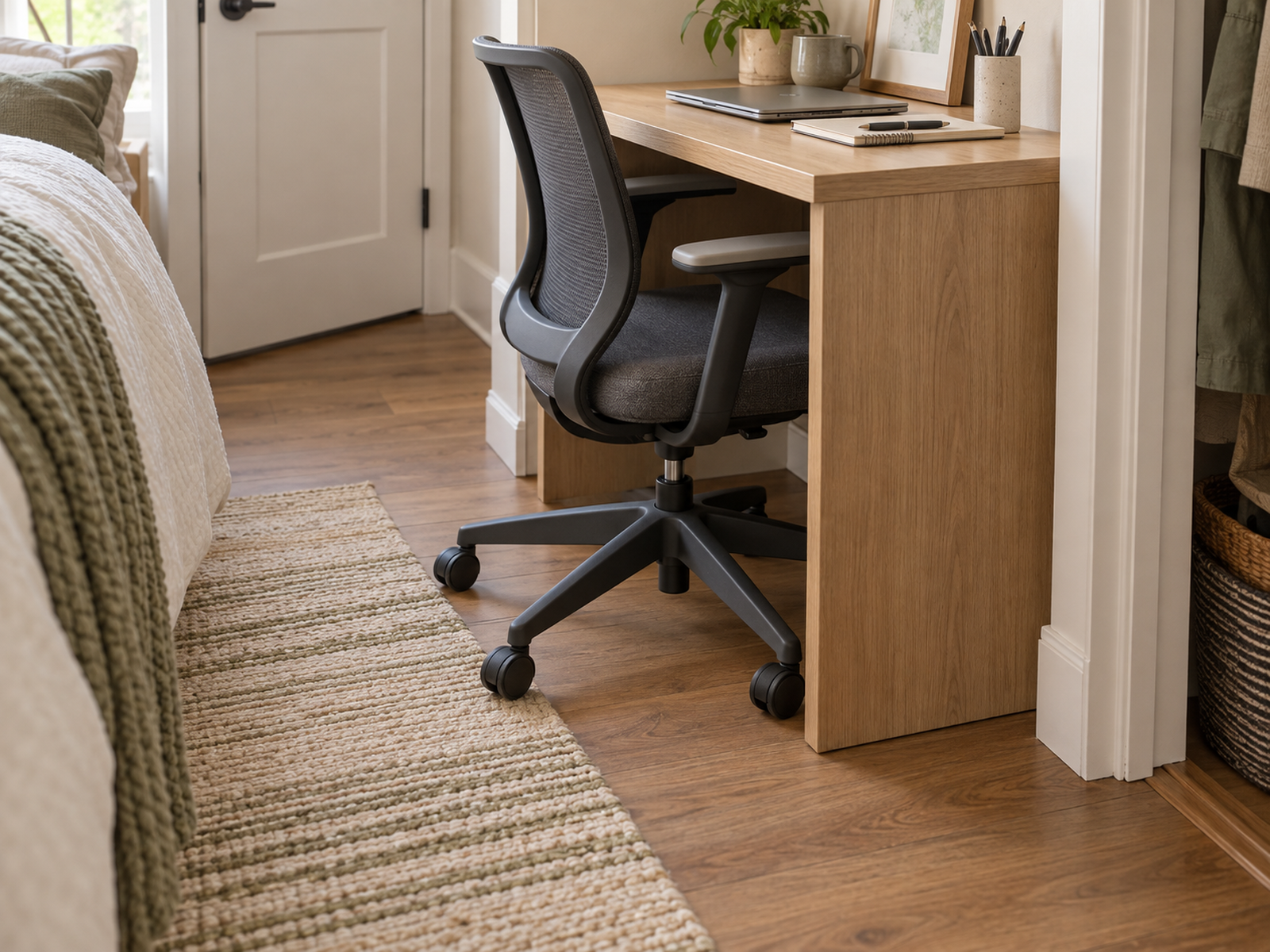 The upper office chair clears a small desk while its five-star base still projects into the narrow route between the bed, door, and closet.