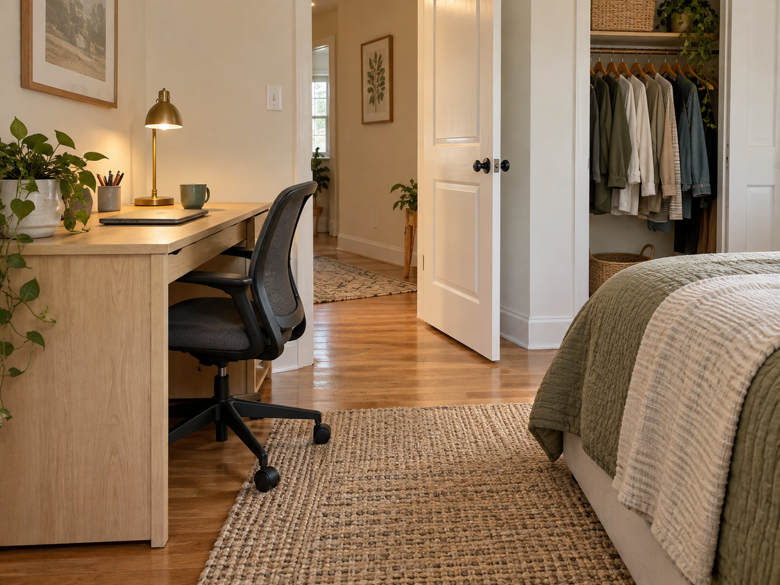 An office chair remains partly visible beneath a compact desk while the bedroom door, open closet, bed approach, and walking path stay clear.