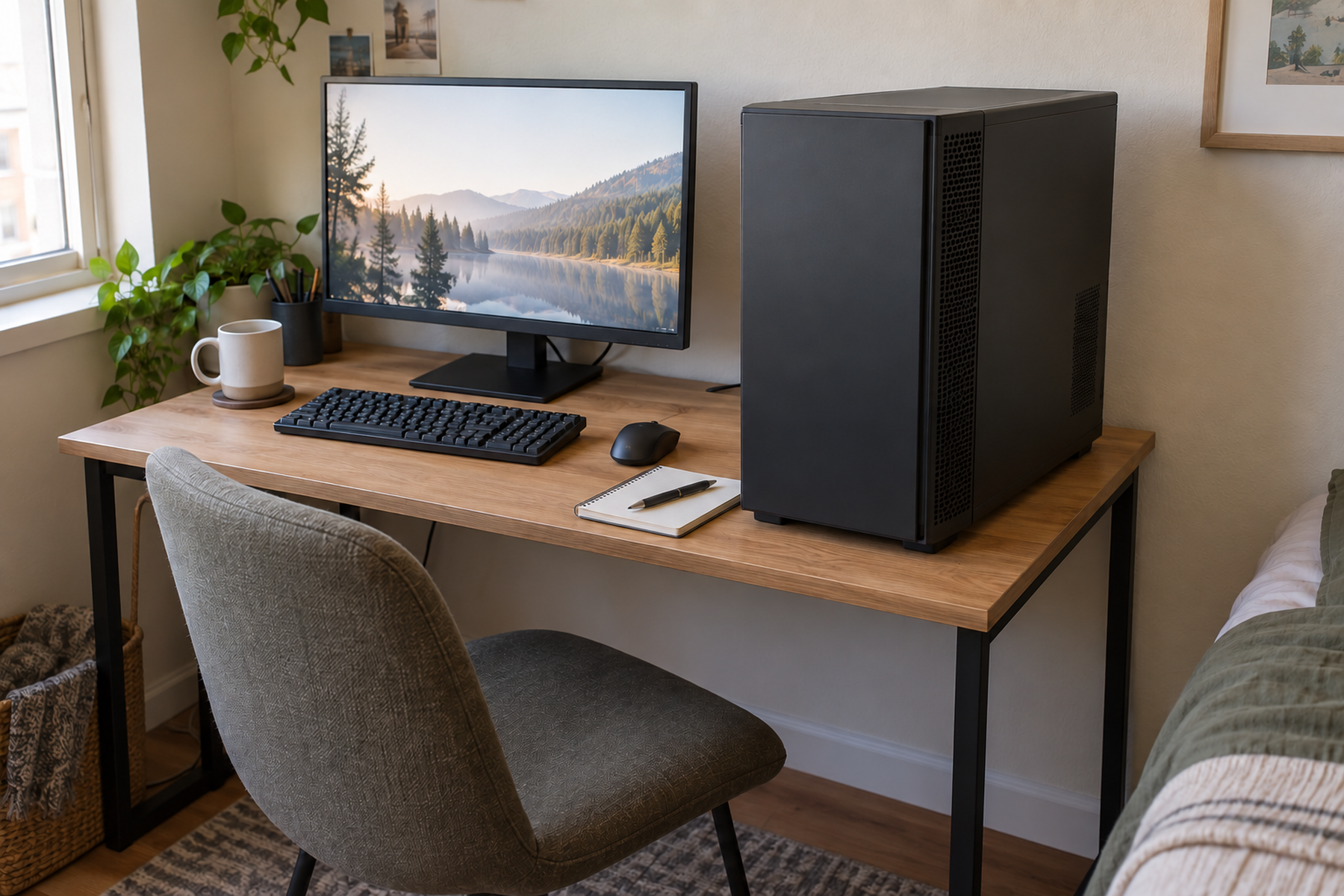 A generic PC tower on a compact desk takes up much of the surface beside a monitor, keyboard, mouse, and small notebook.