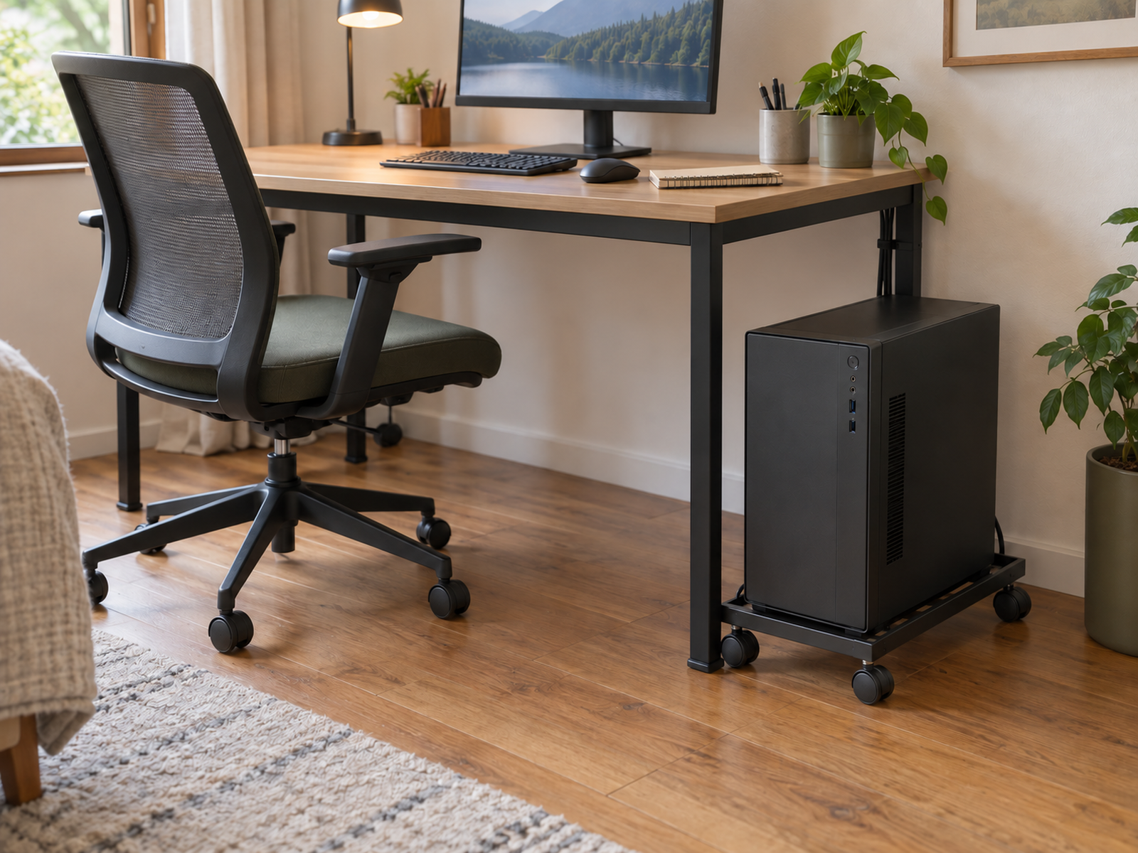 A PC tower on an open rolling floor caddy beside a compact desk, with the desktop reclaimed and the chair and foot path clear.
