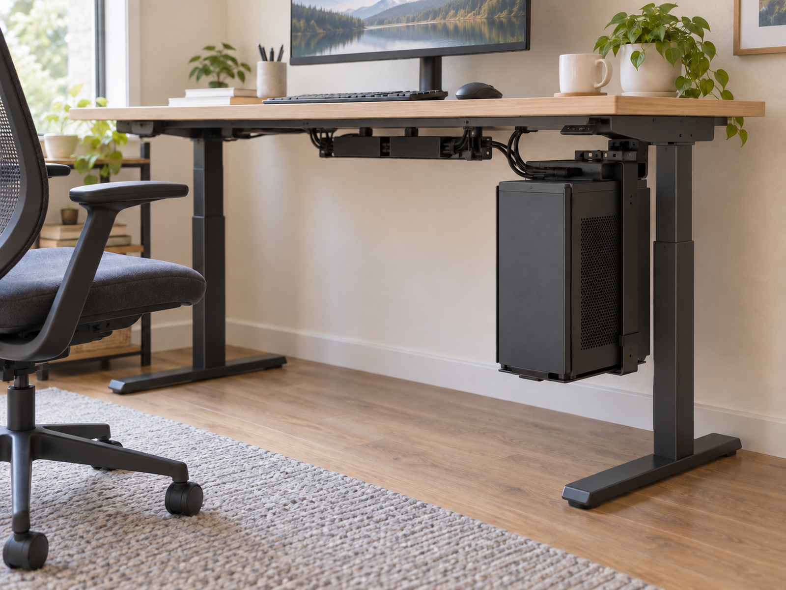 A PC tower secured under a sit-stand desk with its mount, cable tray, floor clearance, desk frame, and open knee space visible.