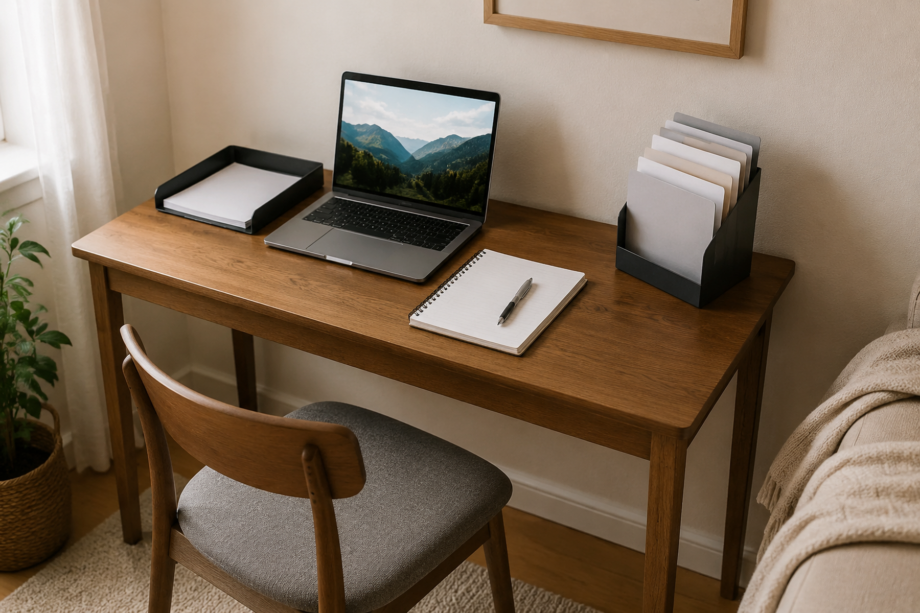 Compact desk with a small incoming-paper tray, narrow active-paper file, laptop, and clear notebook area without a filing cabinet.