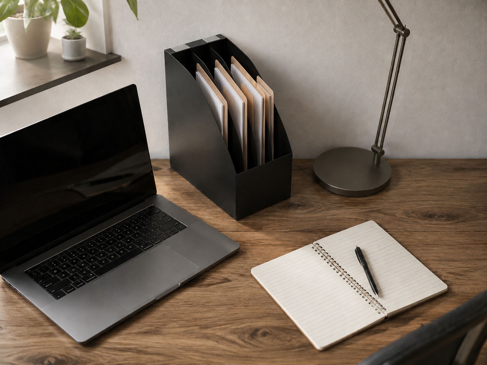 Narrow vertical file holding four lightly loaded active-paper groups beside a compact desk while the laptop and notebook area remain clear.