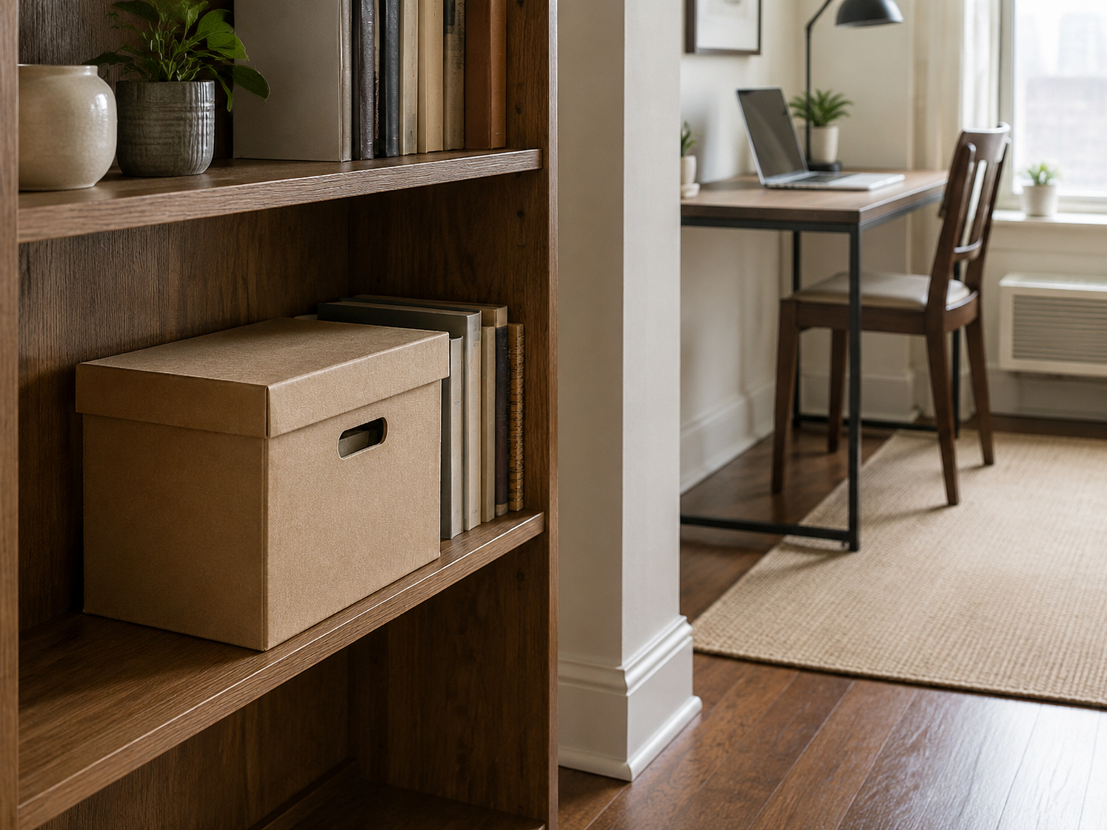 Closed portable retained-record file box stored on an existing bookcase shelf away from a compact desk and its clear work surface.