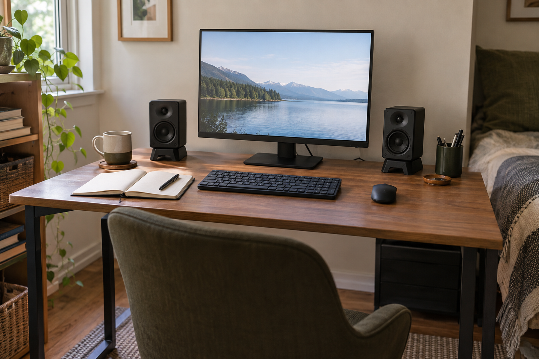 A compact bedroom desk keeps two matching speakers clear of the monitor while leaving separate keyboard, mouse, and open-notebook work areas.