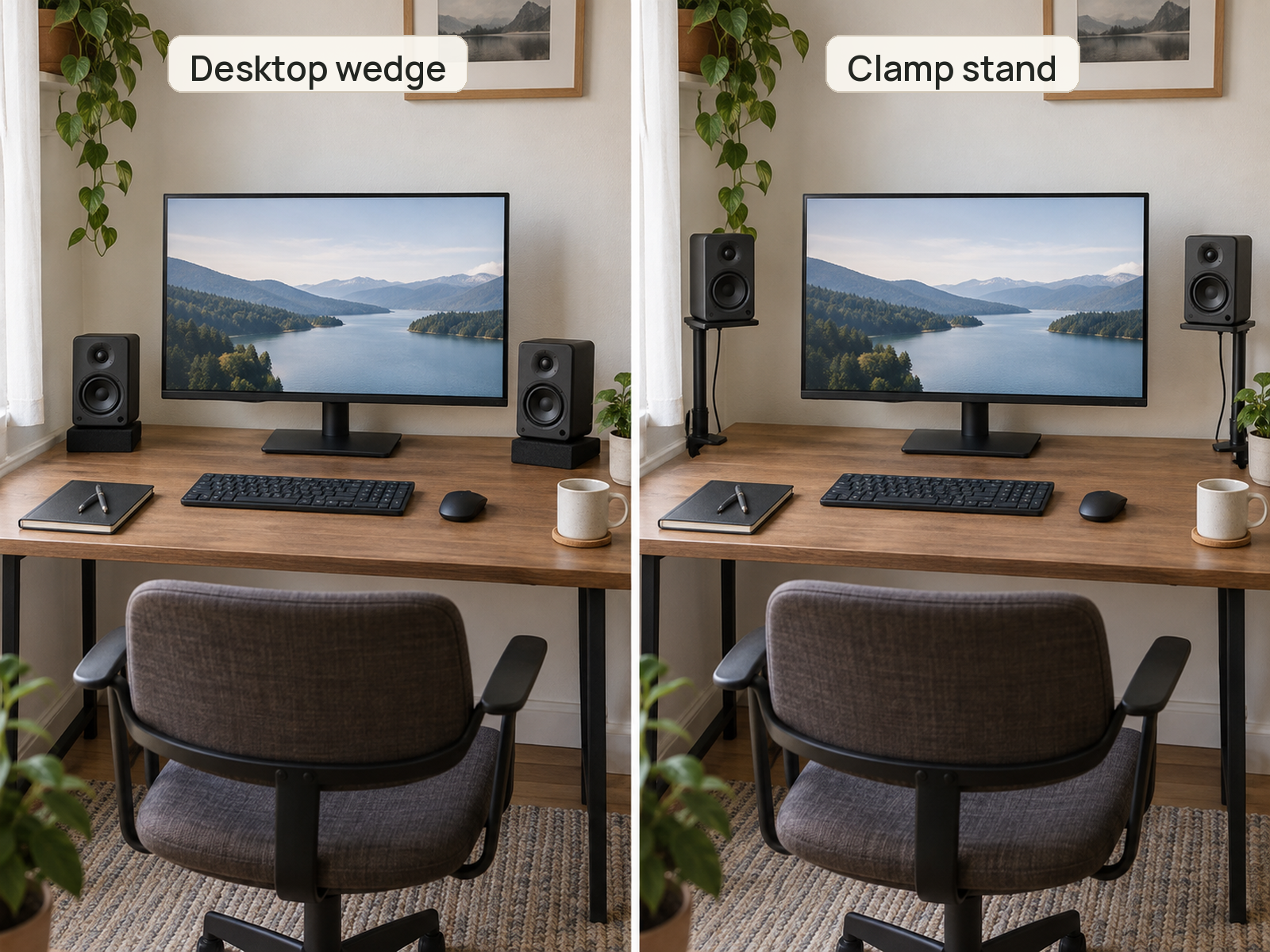 The same compact desk and speaker pair are shown on desktop wedges and on clamp stands that move both speaker bases off the work surface.