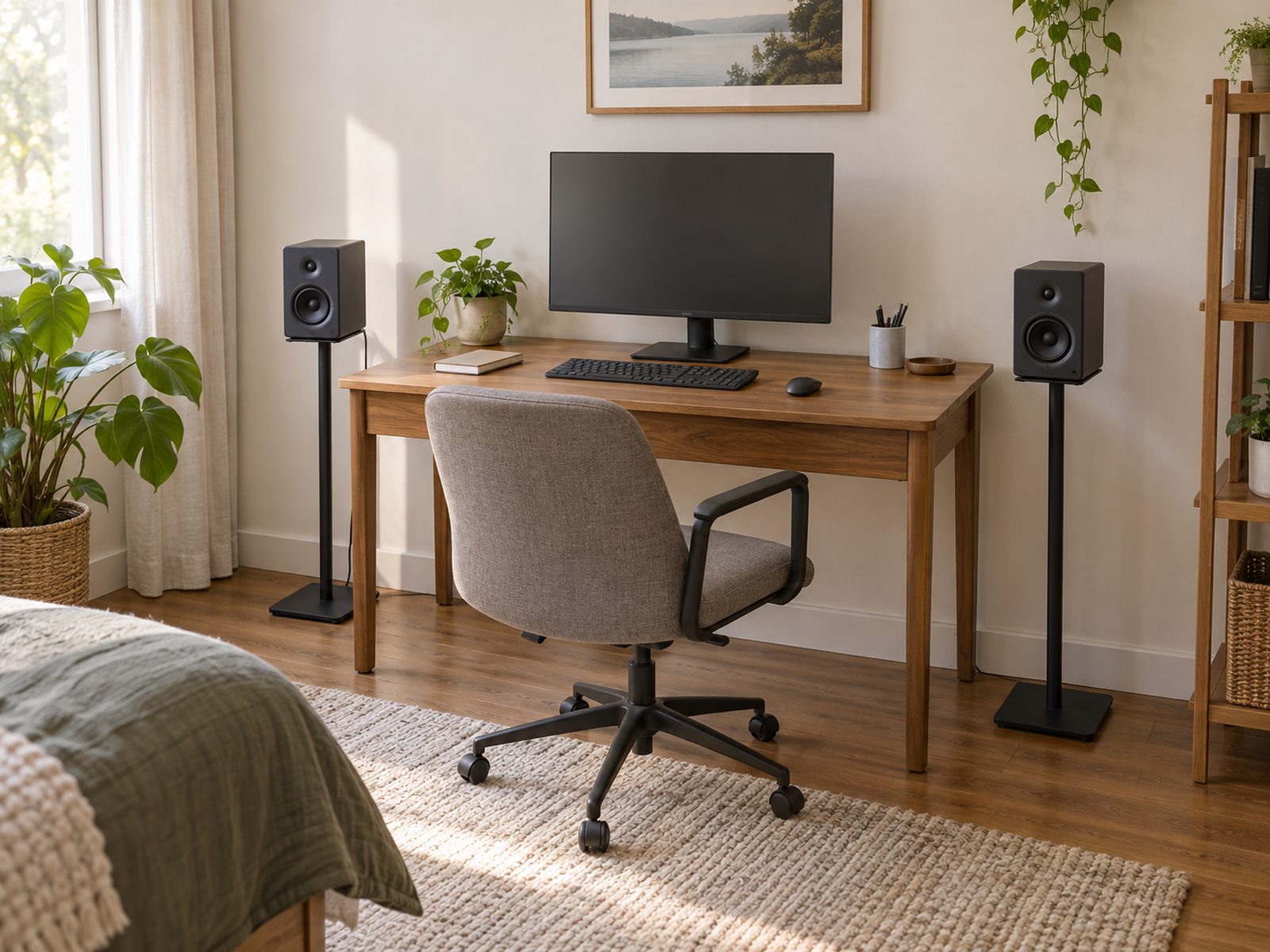 Two matching speakers sit on freestanding floor stands beside a compact desk, leaving the desktop clear while both stand bases occupy visible floor space.