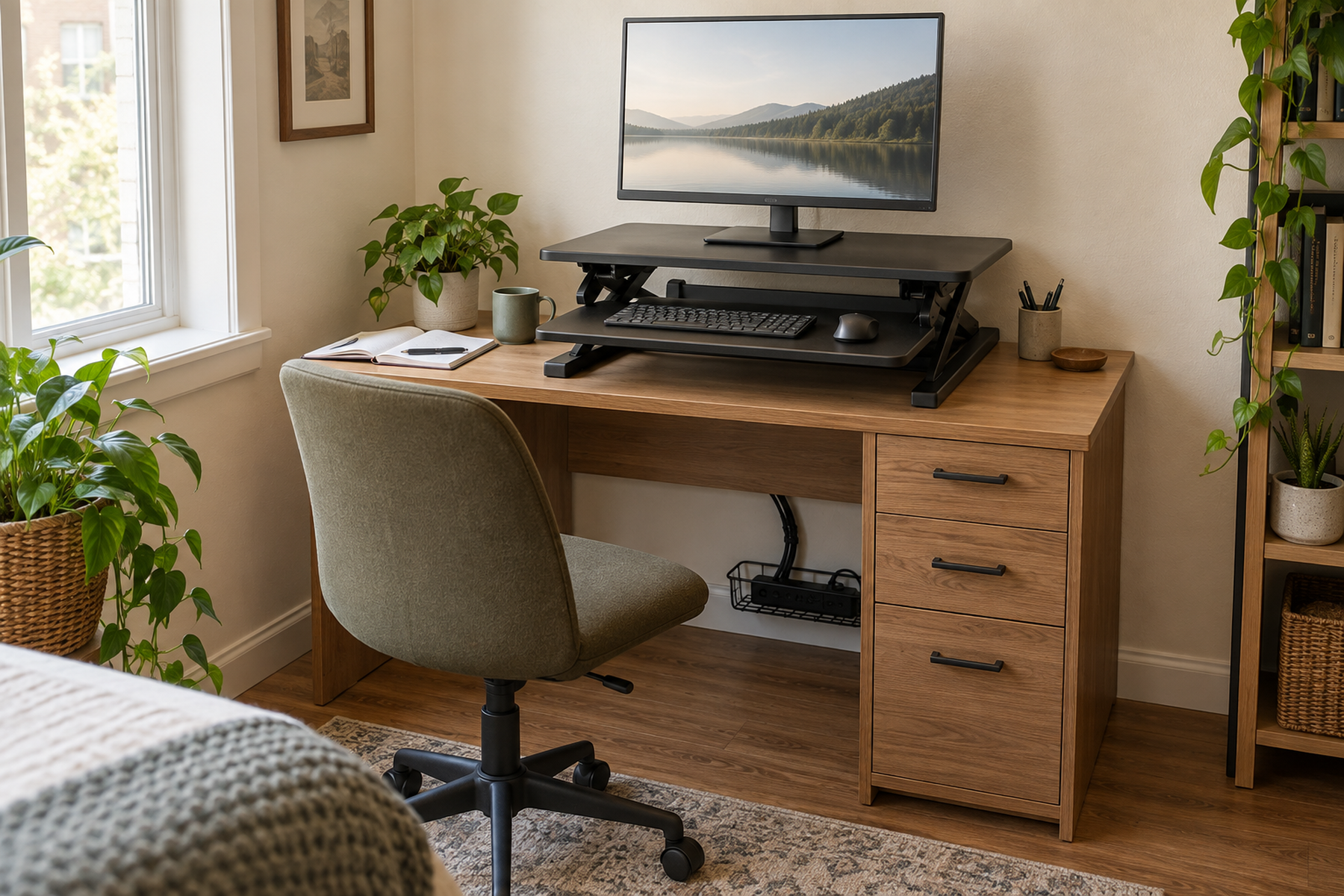 A standing desk converter fits on a small existing drawer desk with one monitor, a supported keyboard and mouse tray, clear drawers, and notebook space remaining.