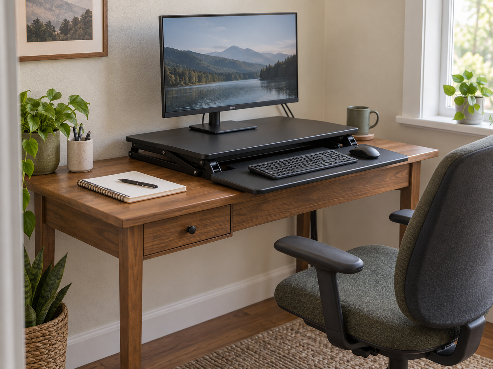 A standing desk converter is fully lowered on a shallow desk with the monitor behind a supported keyboard tray, a centered chair, and notebook space at the side.