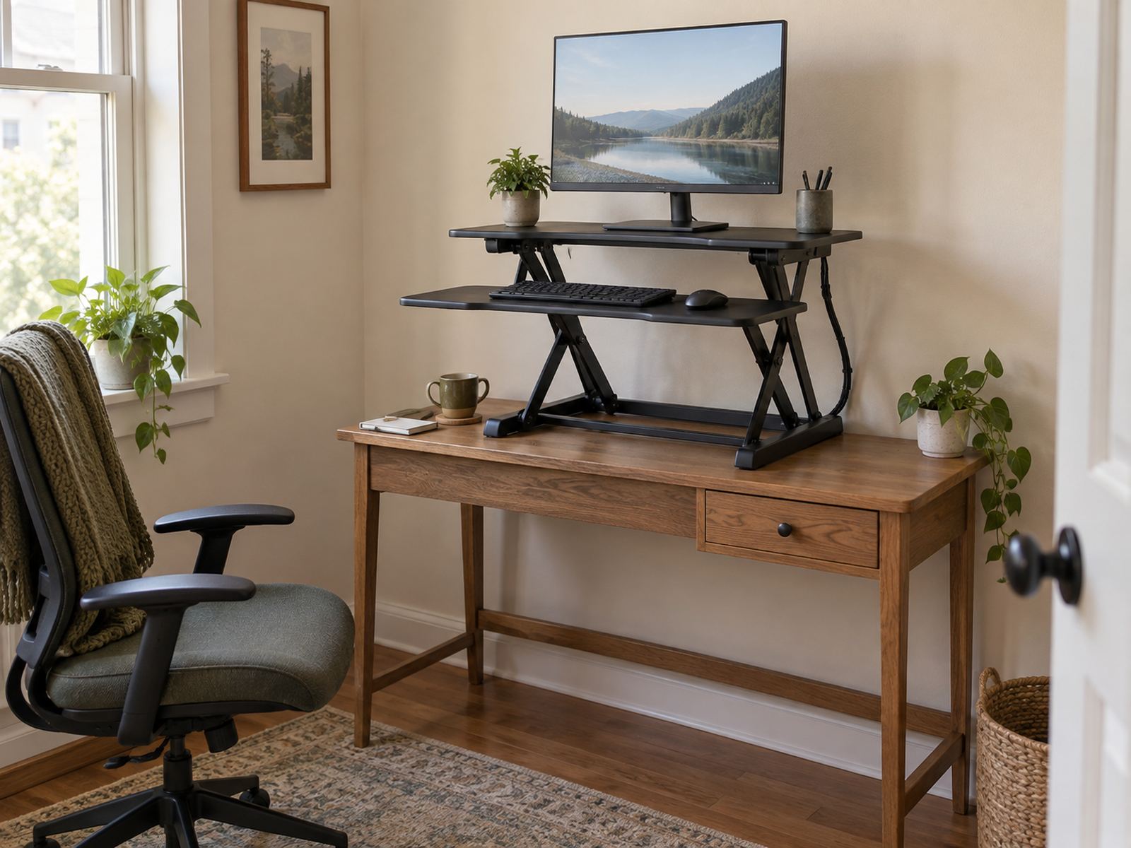 A dual-tier standing desk converter is raised on a small wood desk, with one monitor above, a keyboard and mouse below, and the standing area clear.