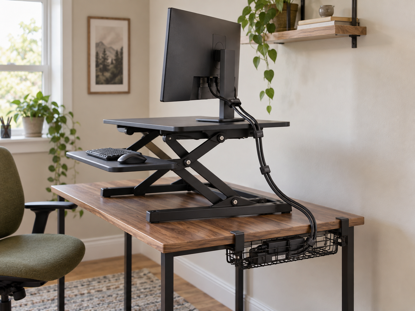 A standing desk converter sits midway through its lift path with clear wall-shelf space, flexible monitor cable loops, and a supported power strip beneath the desk.