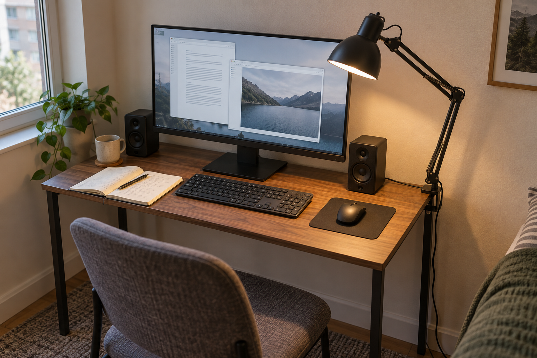 A clamp task lamp lights a notebook and keyboard on a compact computer desk while the active monitor stays clear and the work surface remains usable.