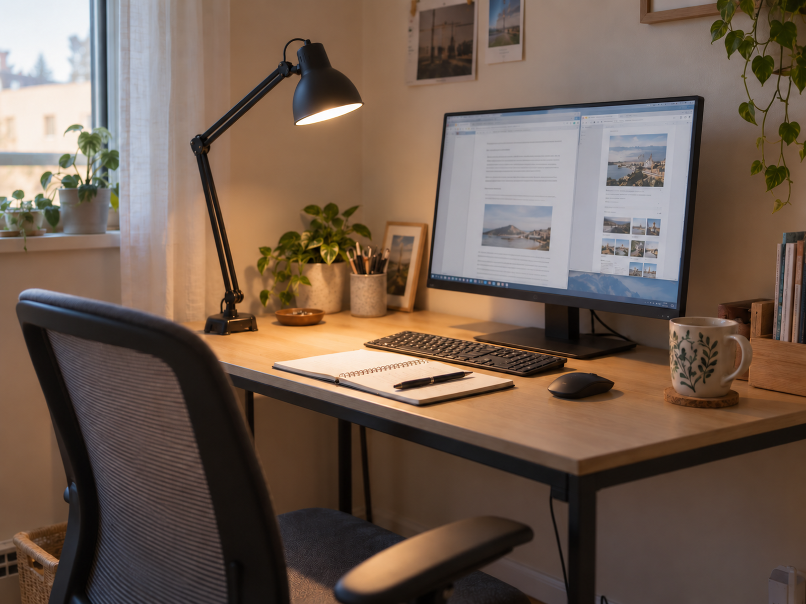 A side-mounted task light illuminates a notebook and keyboard on a shallow desk while the active monitor remains readable without strong reflected glare.