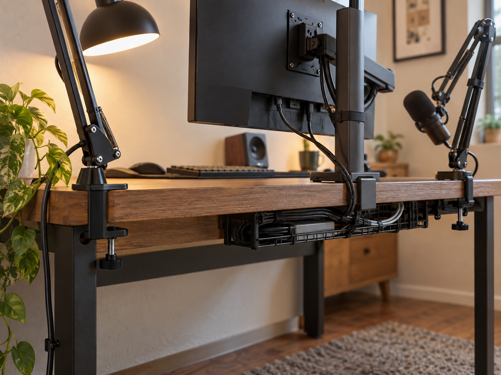 A clamp task lamp uses a free section of a crowded small-desk edge beside separate monitor and microphone mounts with clear underside contact and cable-tray clearance.