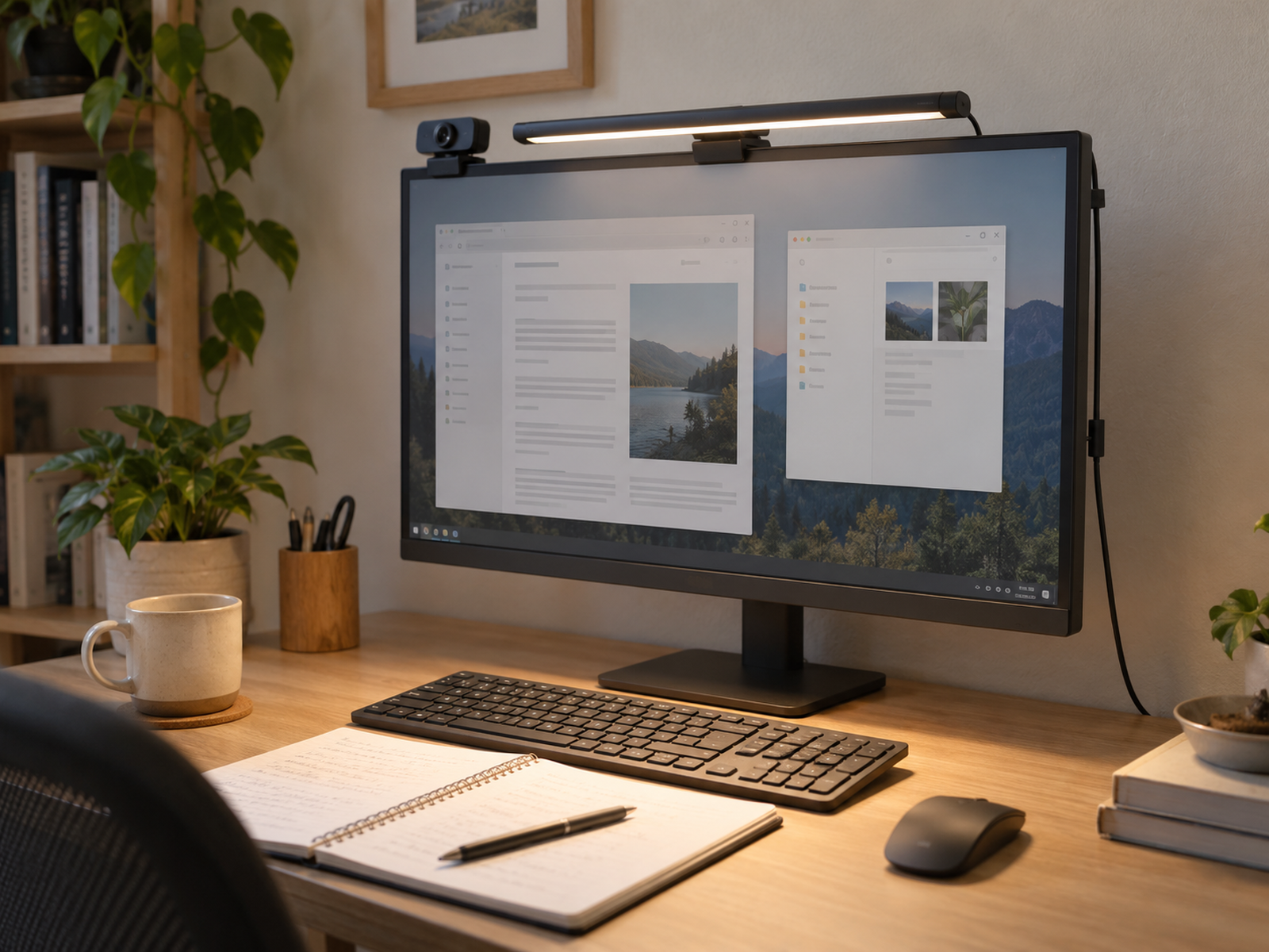 A monitor light bar sits on a compatible computer monitor with a separate webcam clip, clean power-cable routing, and light reaching the keyboard and notebook without taking desk surface.