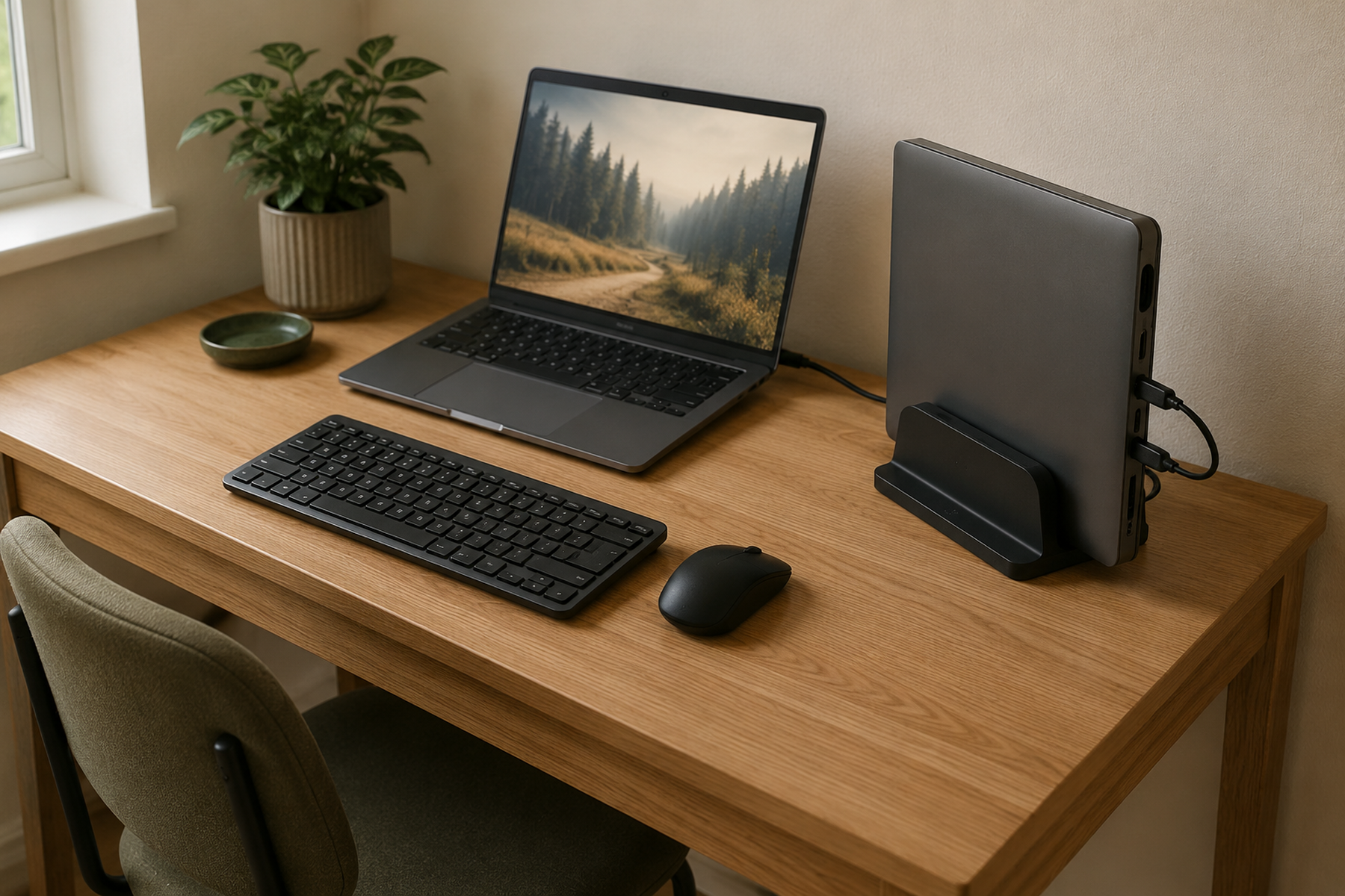 A compact desk with one laptop open, a second laptop parked upright in a freestanding stand, and clear space for one keyboard and mouse.