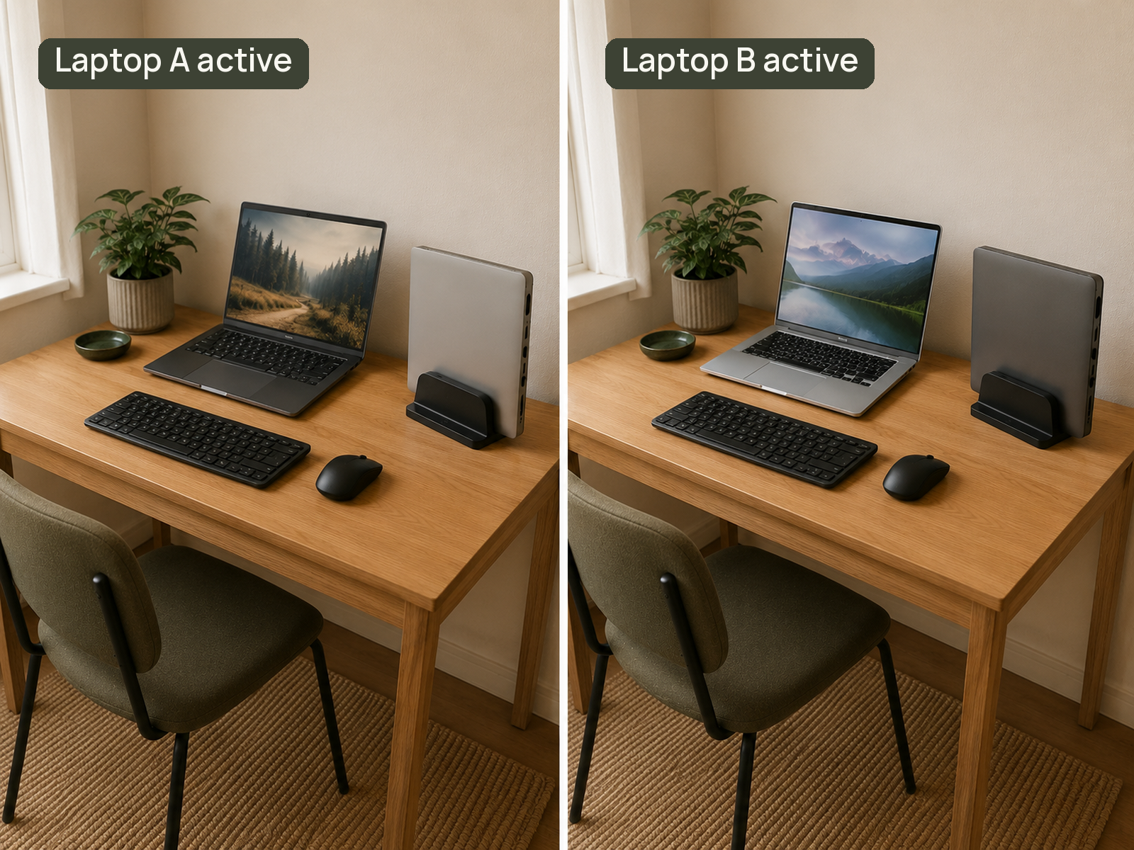 The same compact desk in two matched views: dark Laptop A open and silver Laptop B parked upright, then the laptops swap active and parked roles beside one keyboard and mouse.