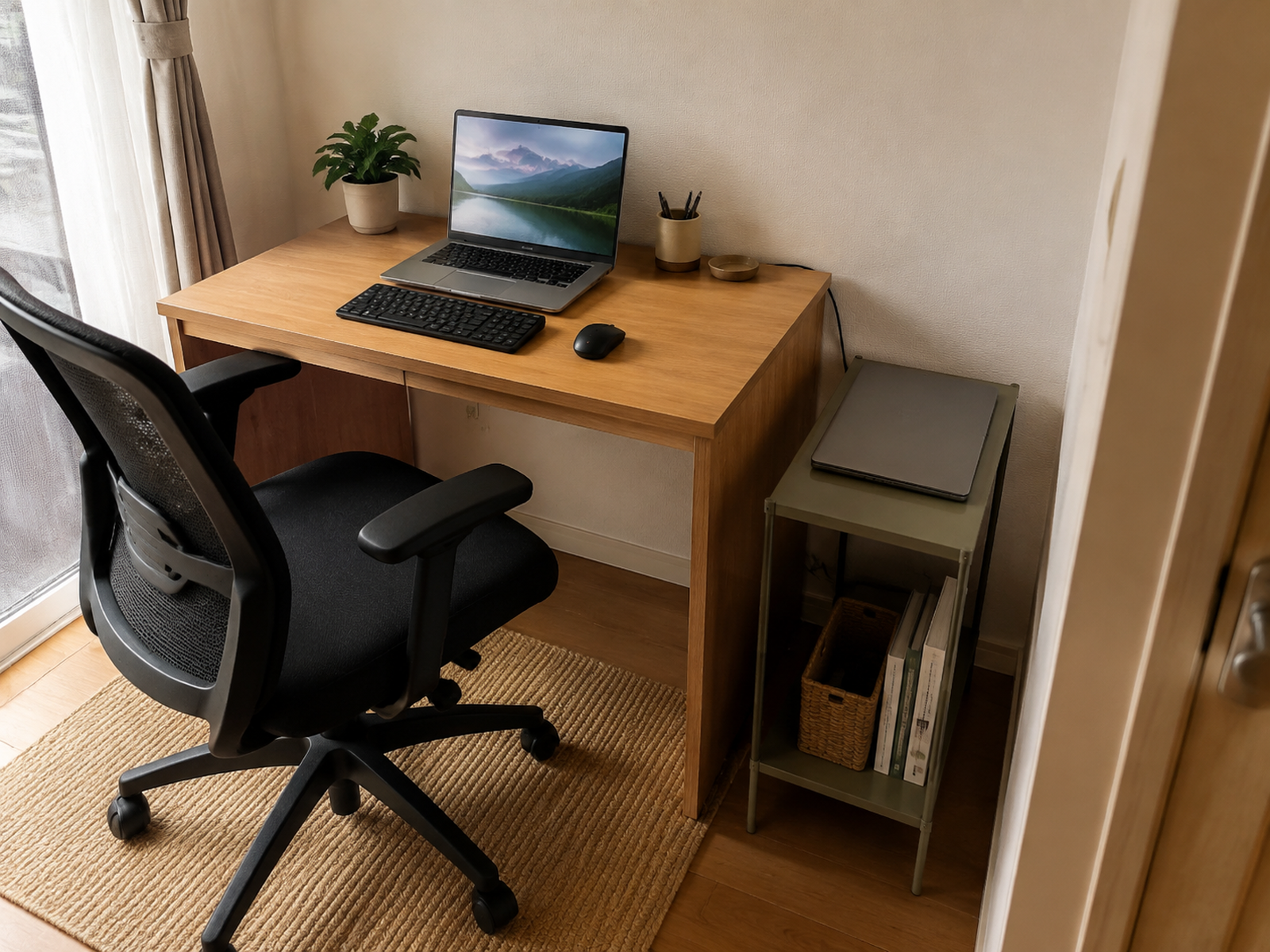 A closed secondary laptop rests on a narrow freestanding shelf beside a compact desk, keeping the keyboard and mouse work area clear.