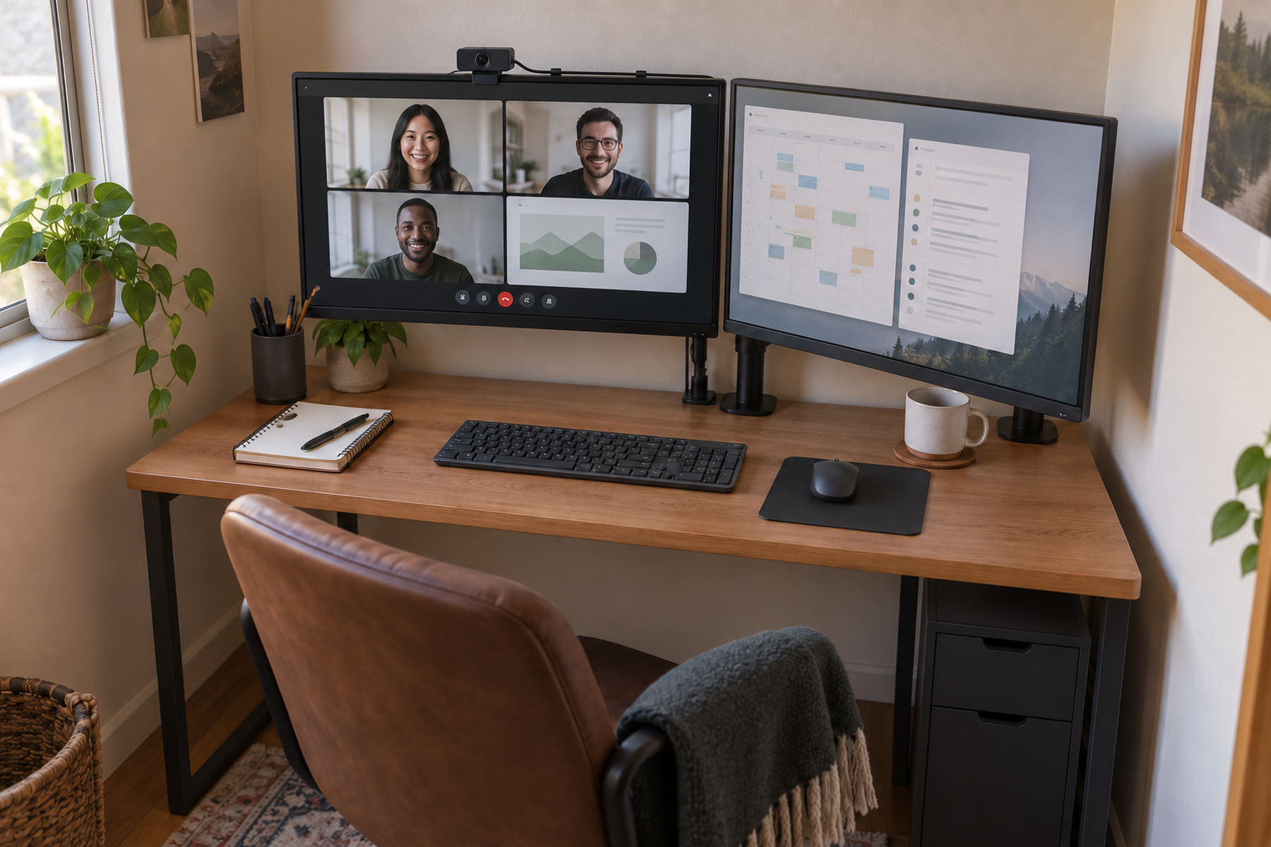 A webcam mounted on the primary meeting monitor of a compact dual-monitor desk, with its cable routed along the display while the keyboard, mouse, and writing area remain clear.