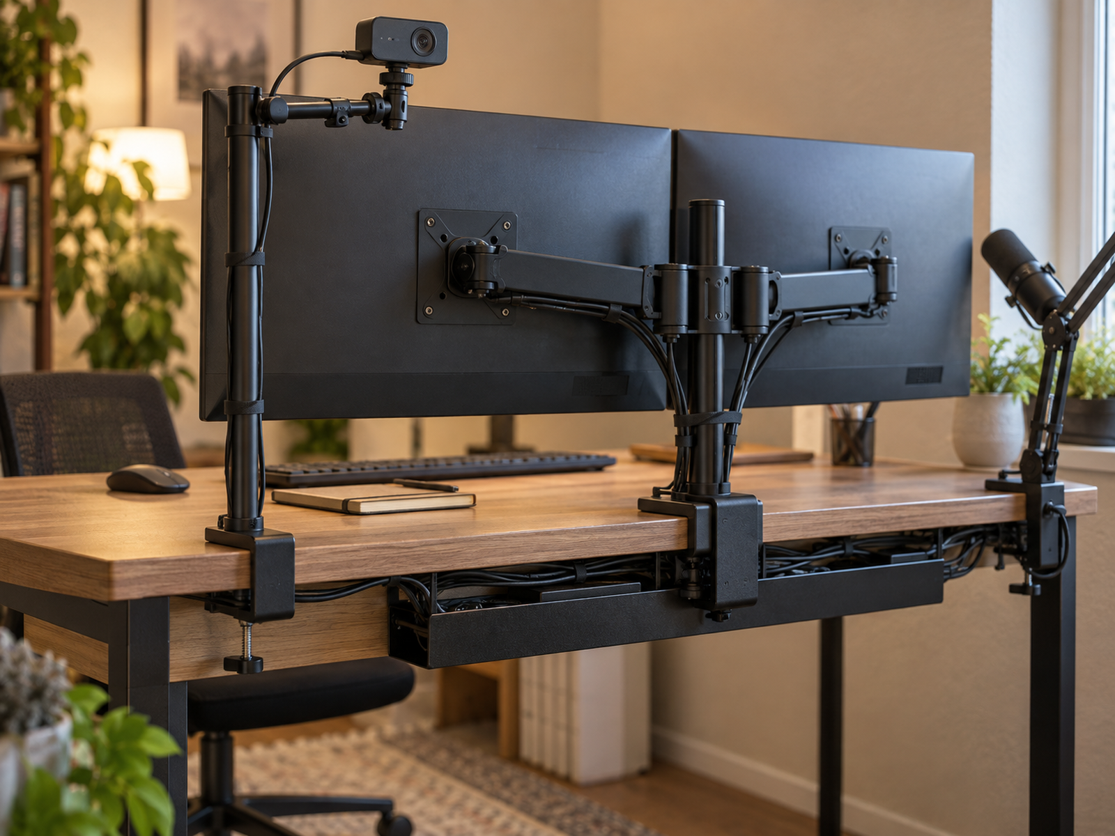 A webcam on a moderately extended desk-clamp camera pole beside separate monitor and microphone mounts on a compact desk, with clamp contact and cable slack visible.