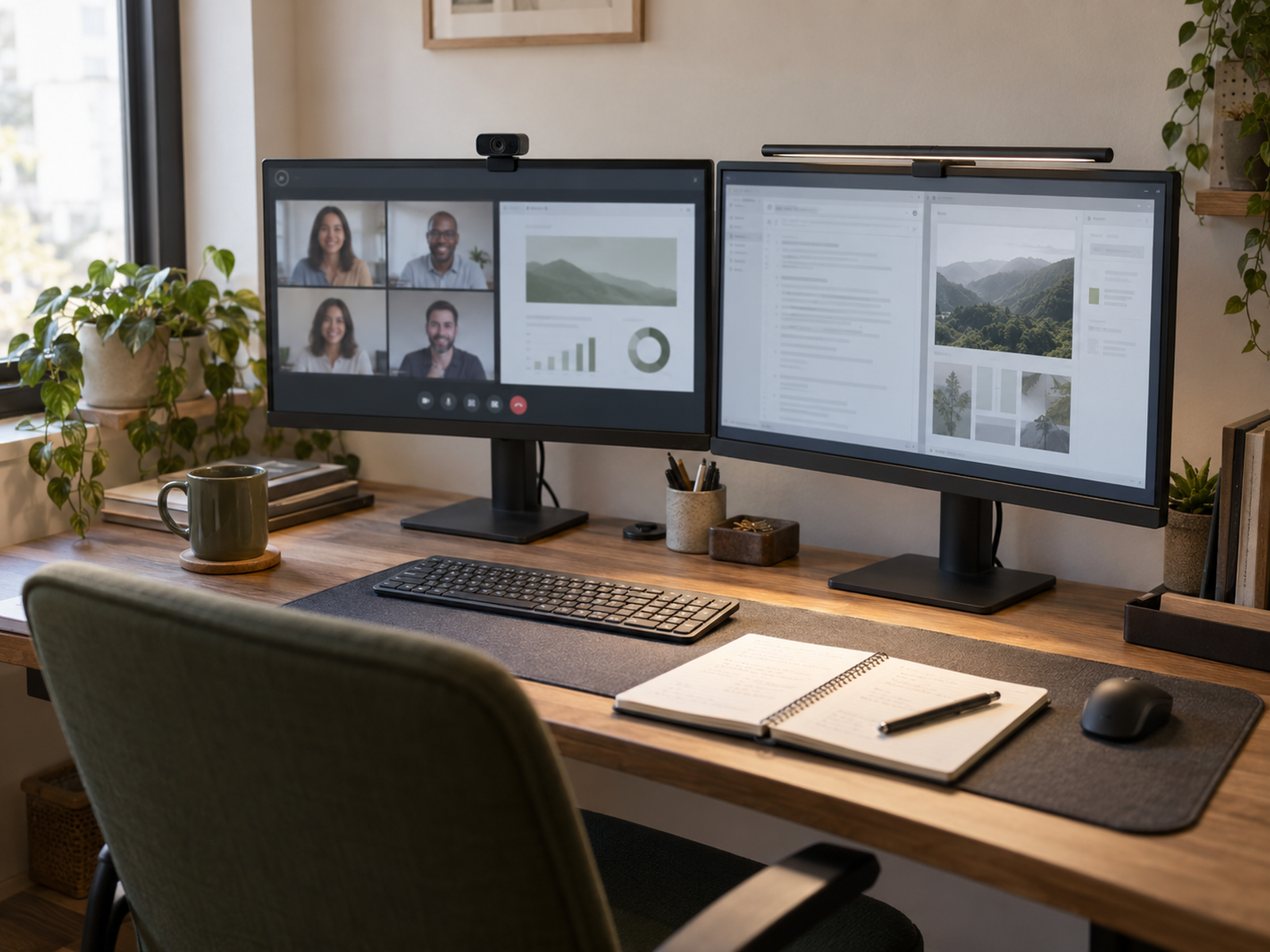 A compact dual-monitor desk with a webcam on the primary meeting display and a task light bar on the secondary display, leaving both screens unobstructed and the task zone lit.
