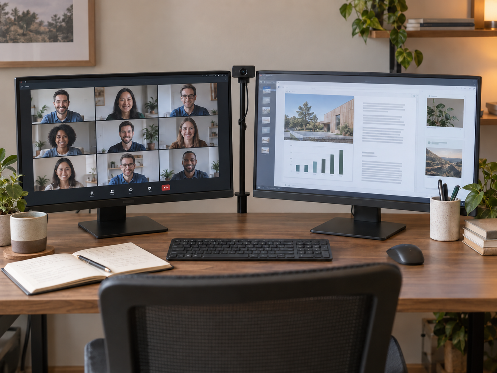 A webcam positioned in the modest seam between two compact-desk monitors on a slim rear support, with both screens readable and the work surface below clear.